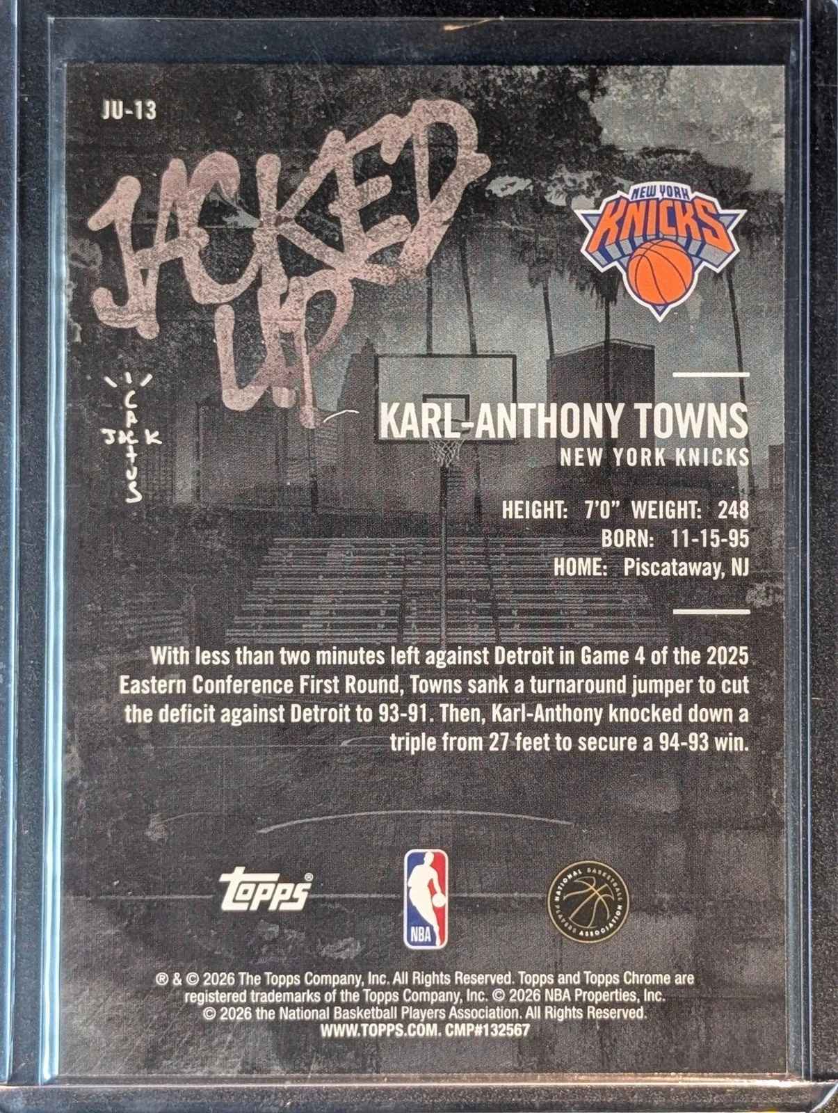 Back of 2025-26 Topps Chrome Cactus Jack #JU-13 Karl-Anthony Towns Jacked Up