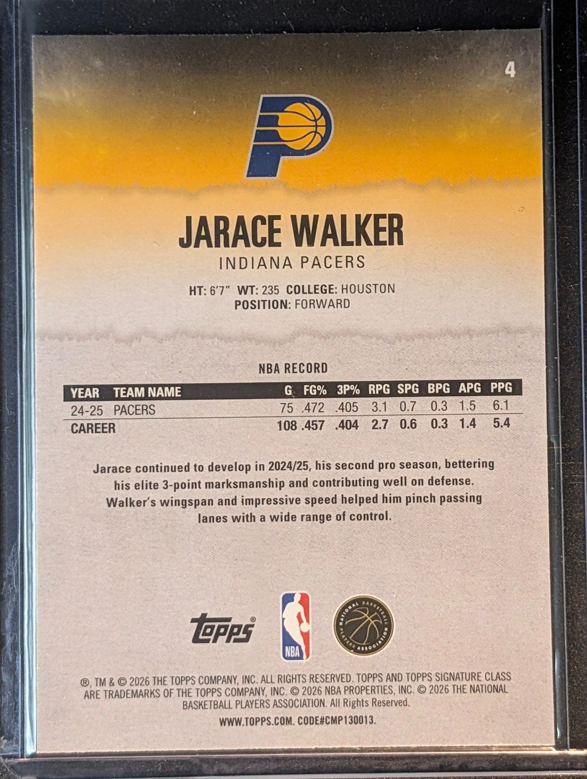 Back of 2025-26 Topps Signature Class #4 Jarace Walker Teal #/225