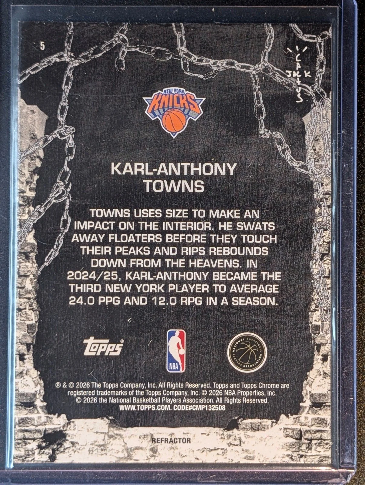 Back of 2025-26 Topps Chrome Cactus Jack #5 Karl-Anthony Towns Refractor
