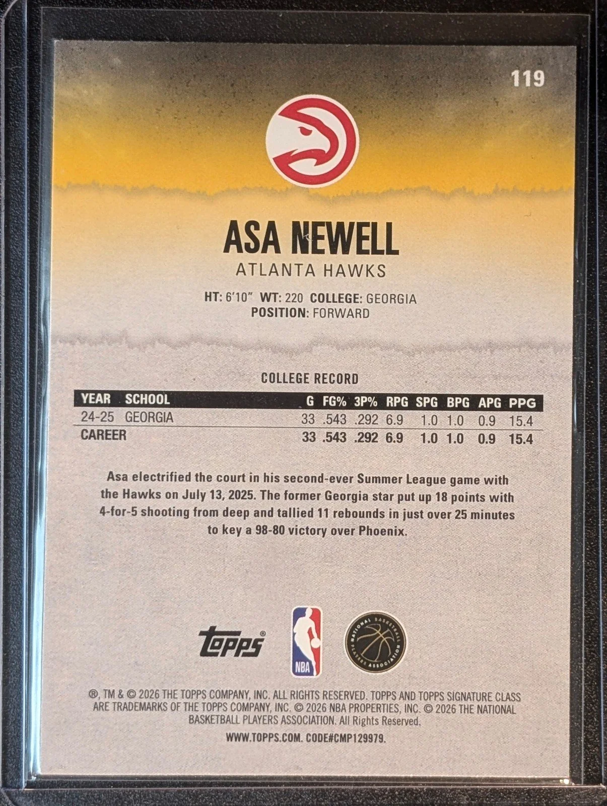 Back of 2025-26 Topps Signature Class #119 Asa Newell
