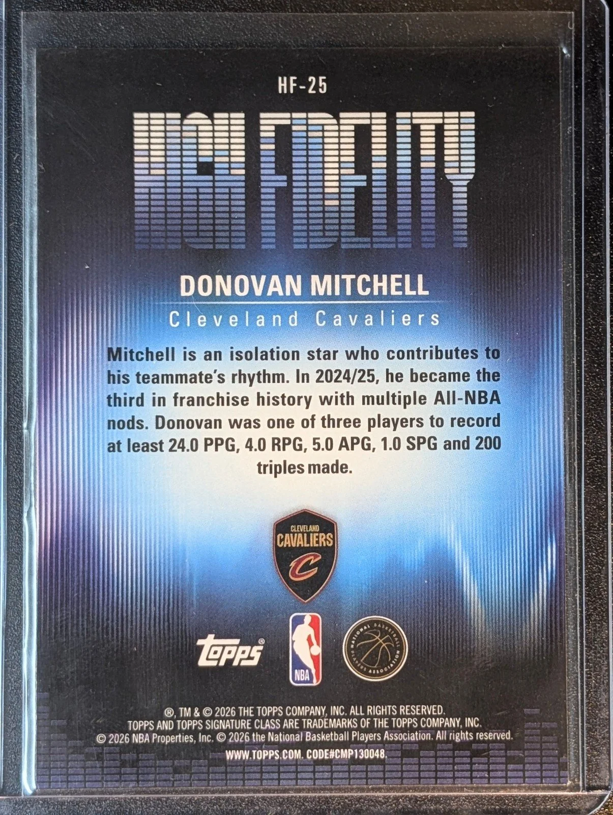 Back of 2025-26 Topps Signature Class #HF-25 Donovan Mitchell High Fidelity