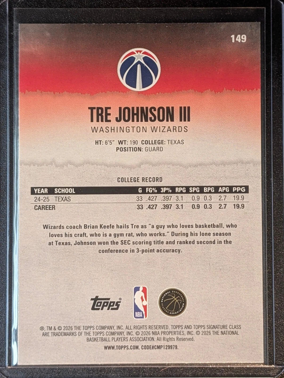 Back of 2025-26 Topps Signature Class #149 Tre Johnson III