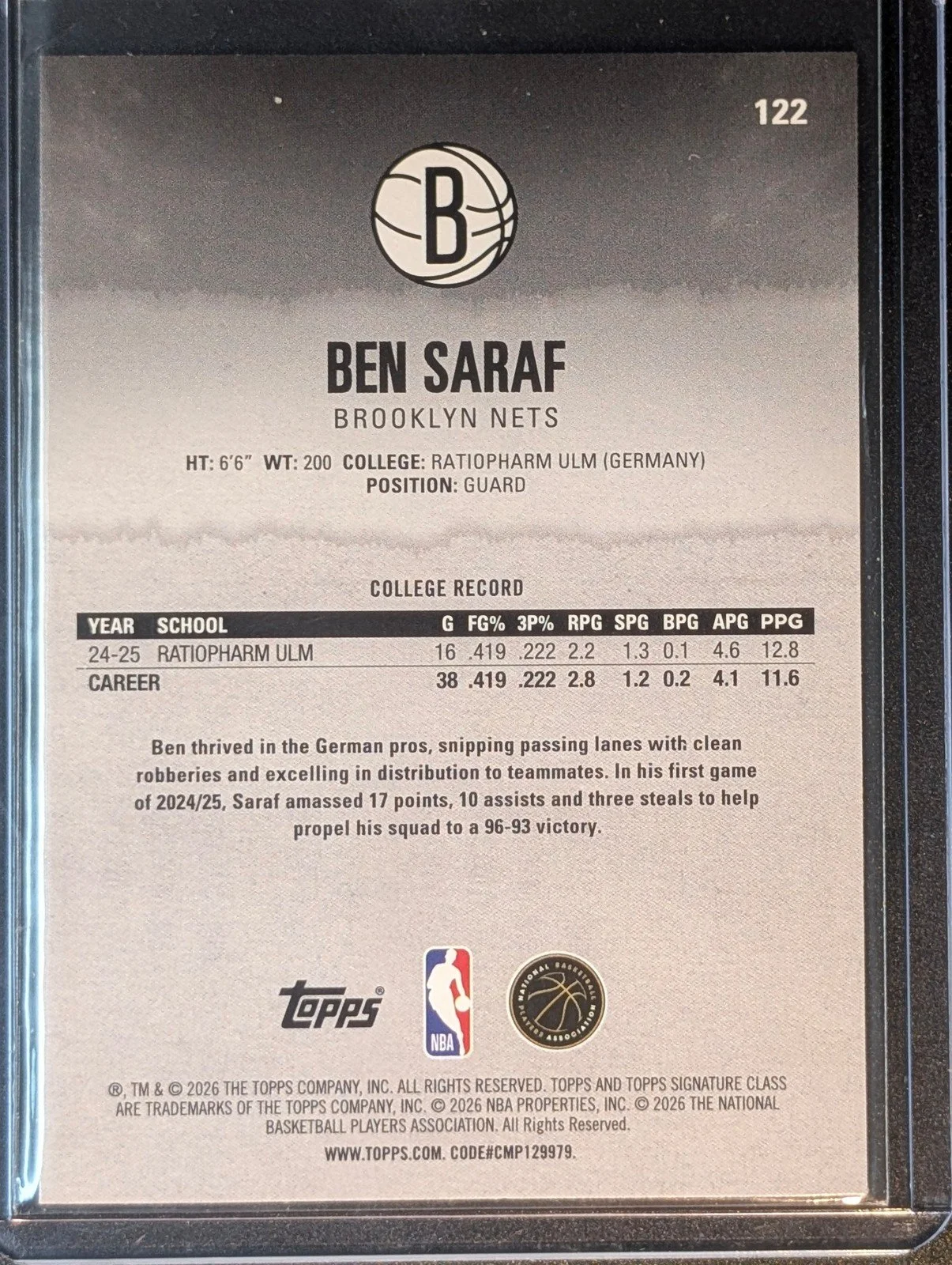 Back of 2025-26 Topps Signature Class #122 Ben Saraf