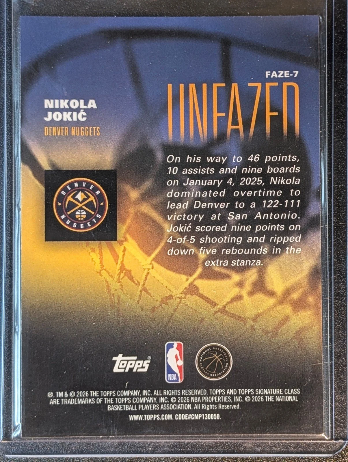 Back of 2025-26 Topps Signature Class #FAZE-7 Nikola Jokić Unfazed