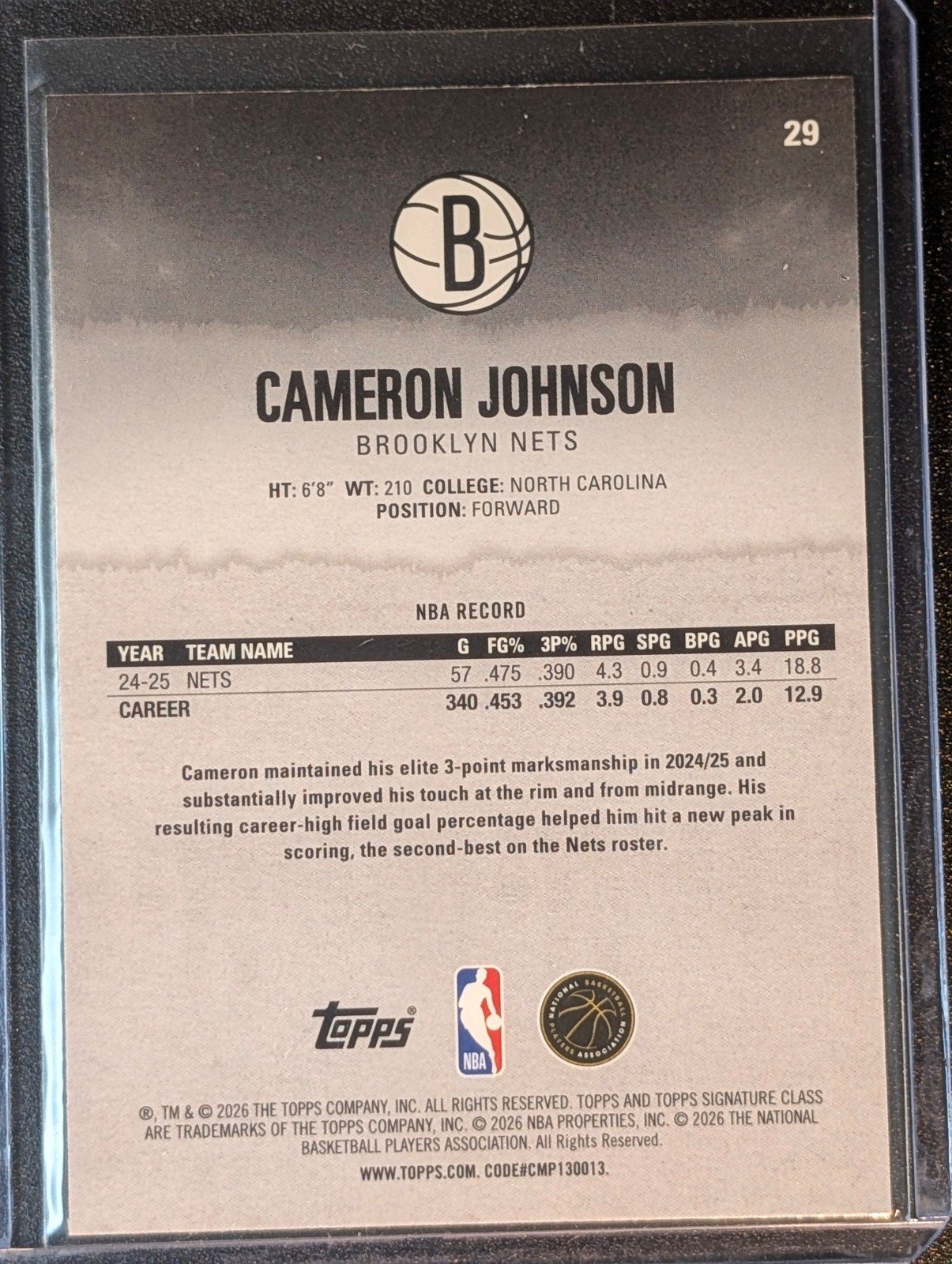 Back of 2025-26 Topps Signature Class /250 #29 Cameron Johnson Chrome Magenta