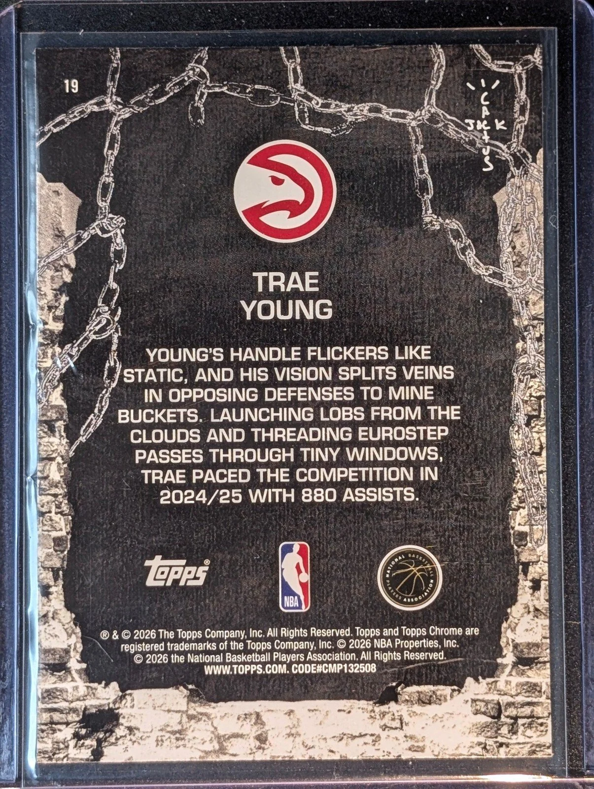 Back of 2025-26 Topps Chrome Cactus Jack #19 Trae Young White Refractor
