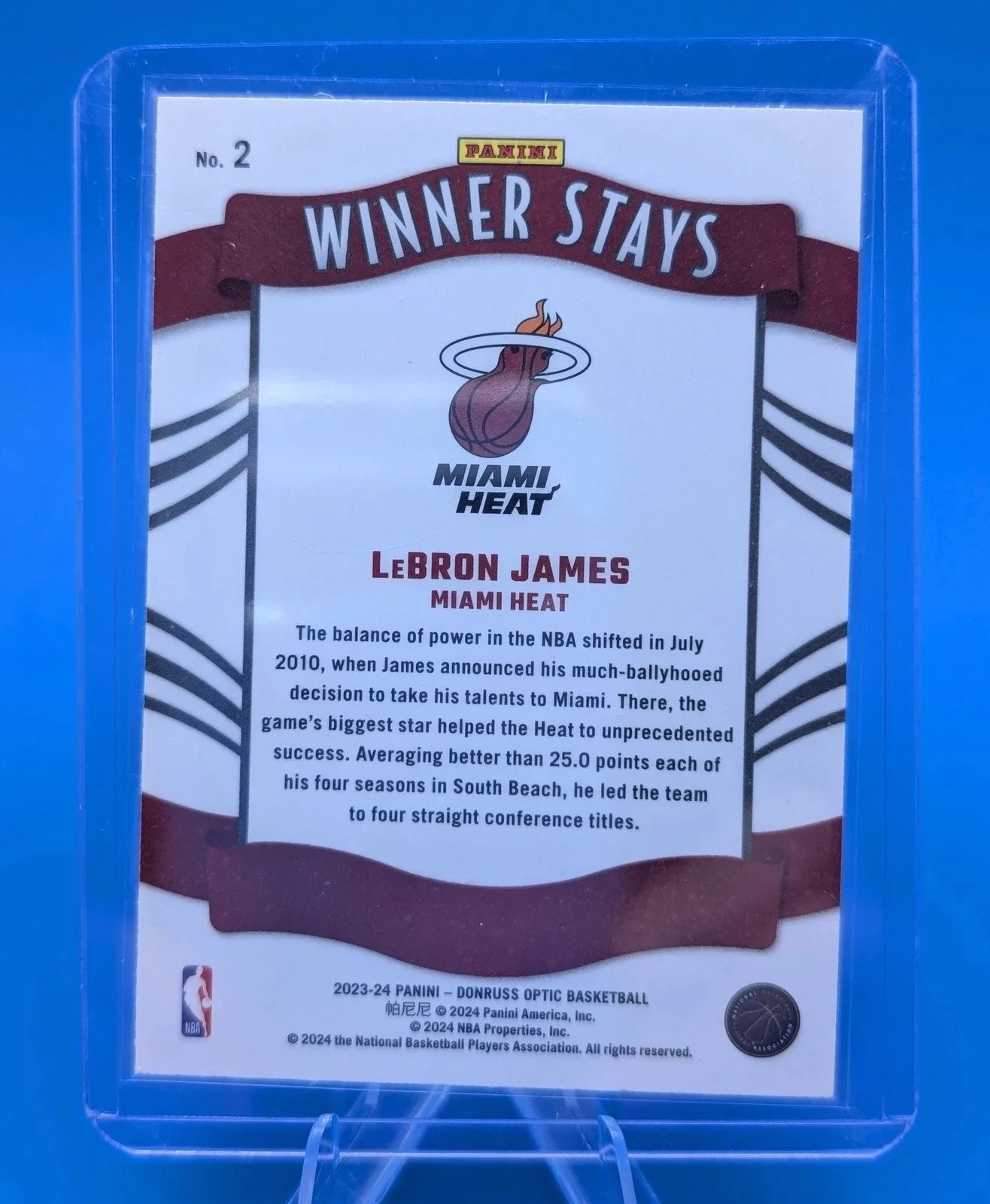 Back of 2023-24 Donruss Optic #2 LeBron James Winner Stays Holo