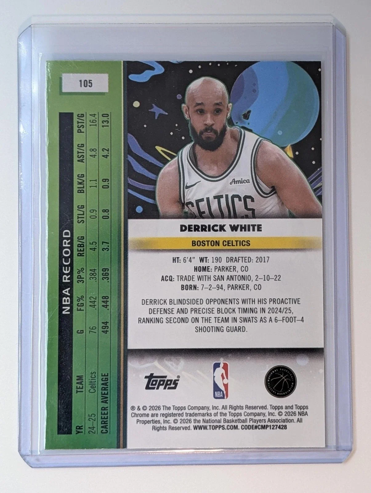 Back of 2025-26 Topps #6 Derrick White Nucleus Refractor