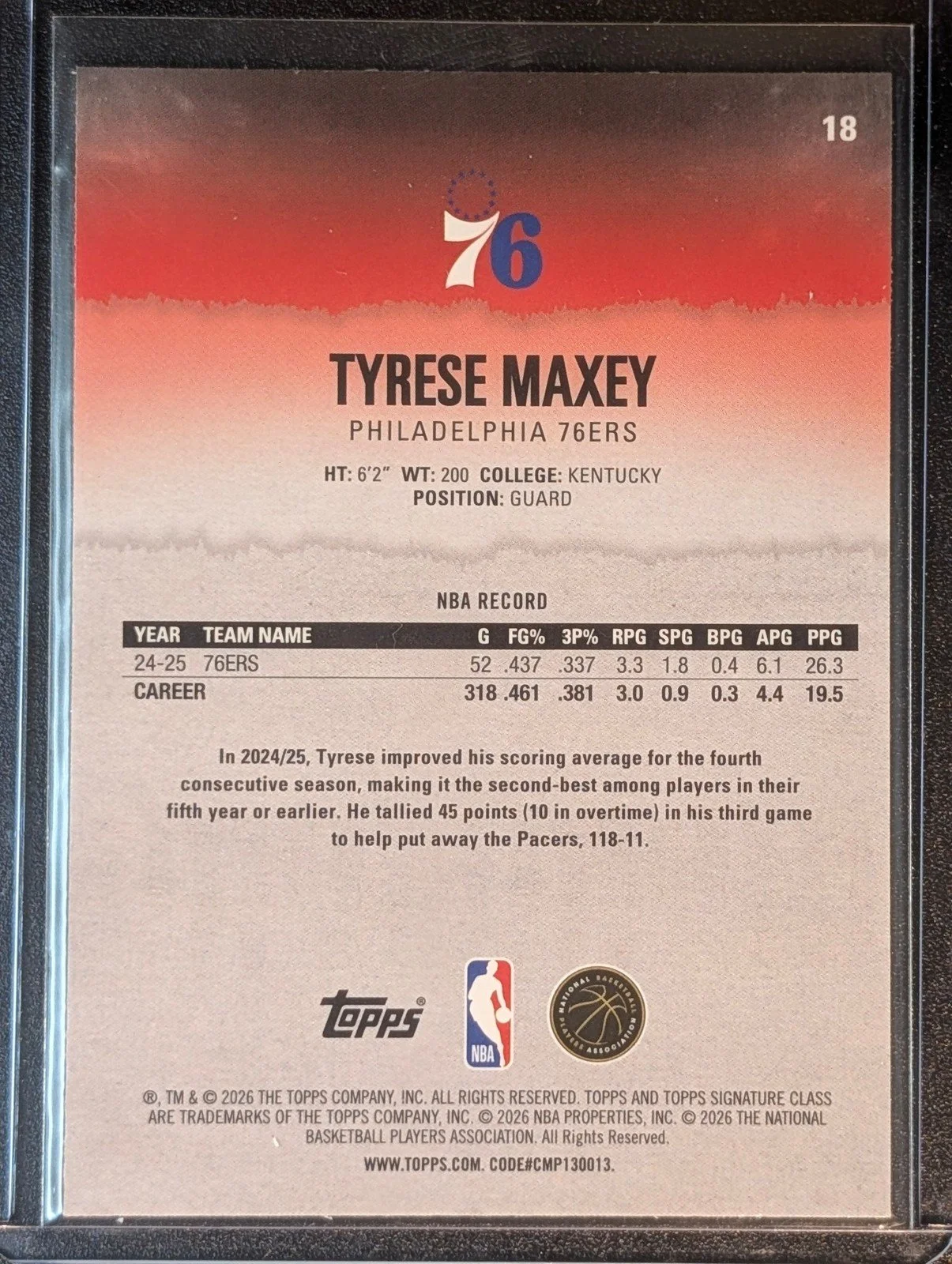 Back of 2025-26 Topps Signature Class #18 Tyrese Maxey Chrome