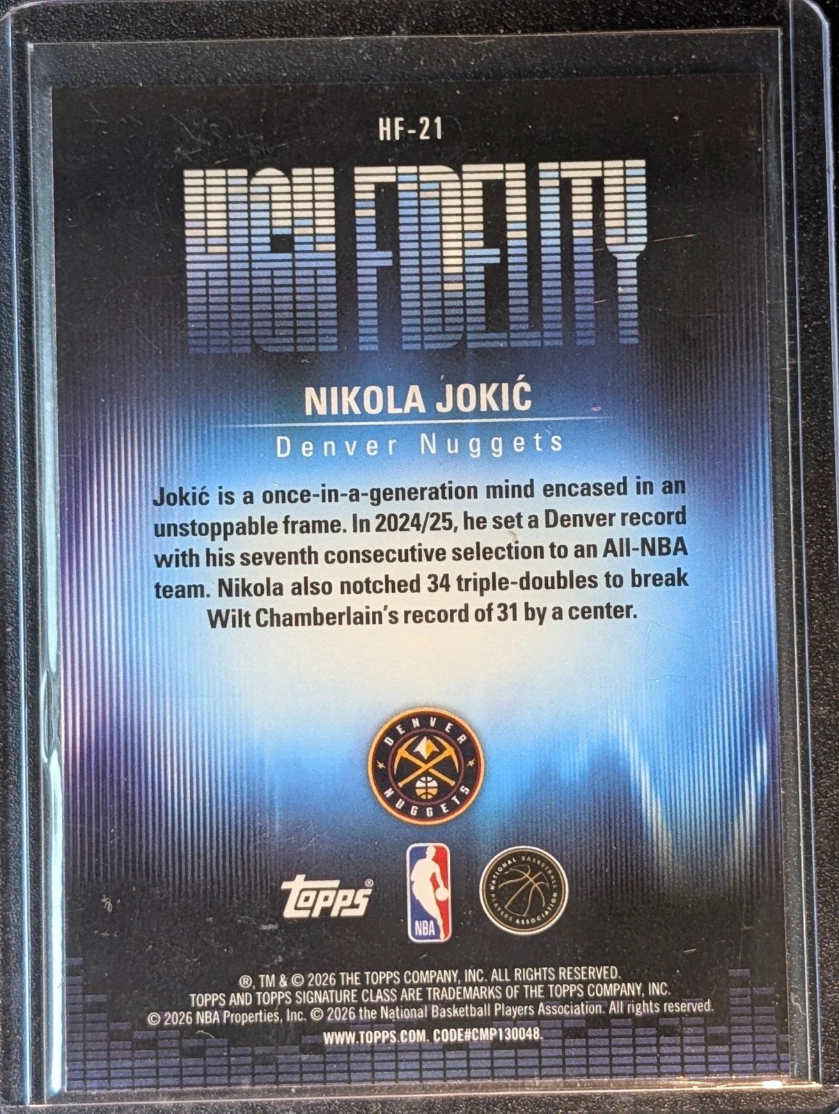 Back of 2025-26 Topps Signature Class #HF-21 Nikola Jokić High Fidelity