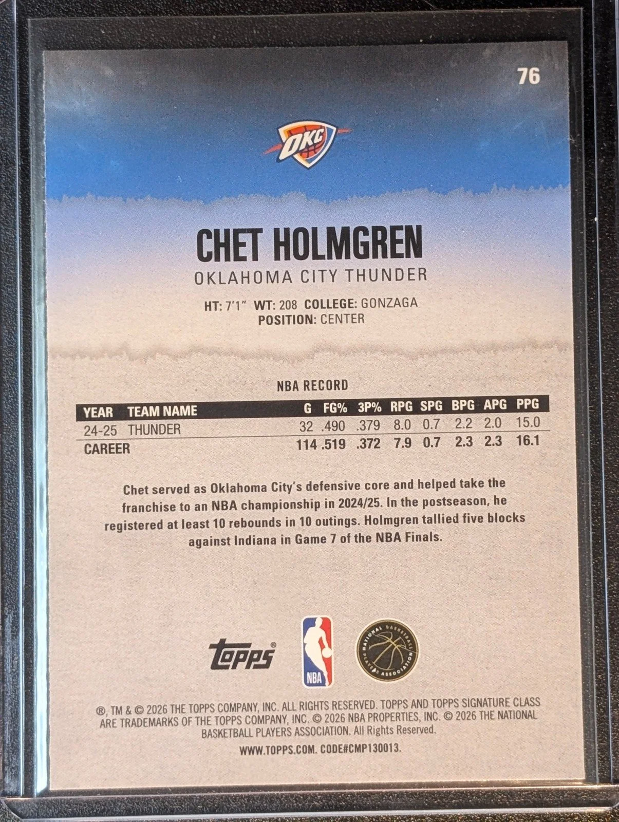 Back of 2025-26 Topps Signature Class #76 Chet Holmgren Chrome