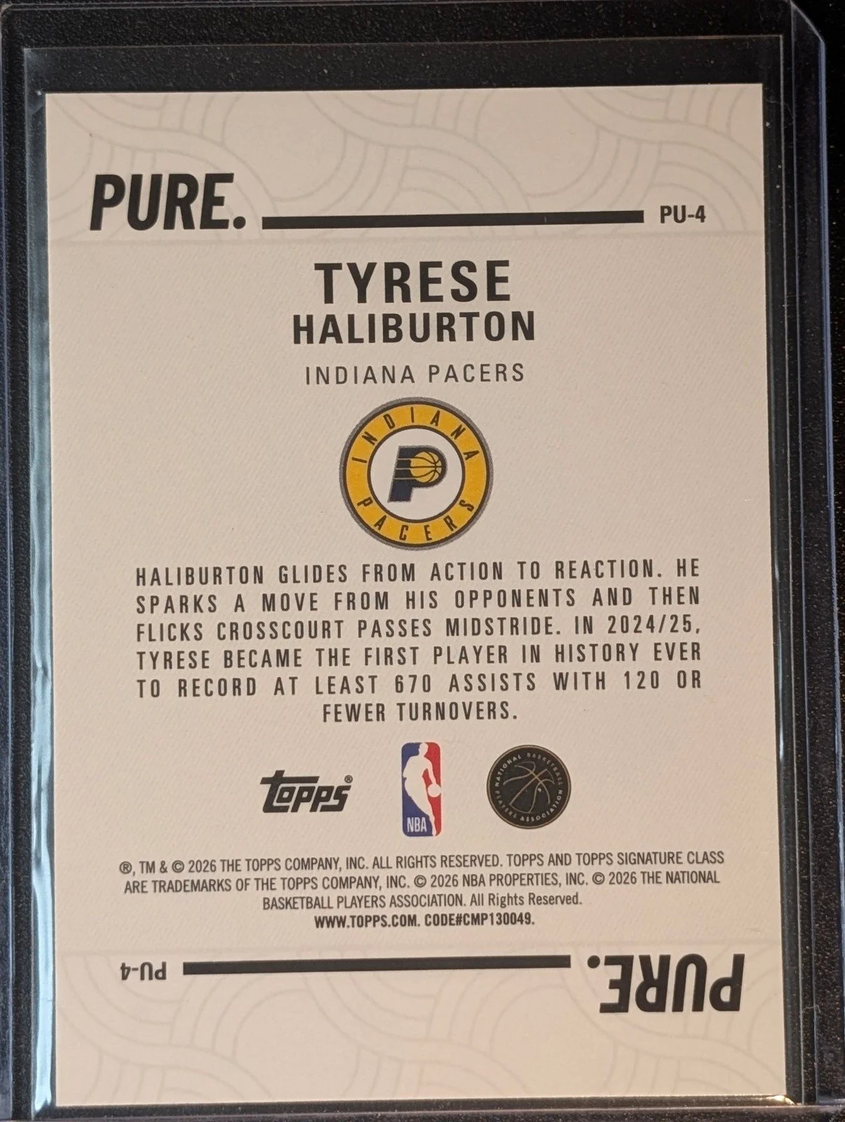 Back of 2025-26 Topps Signature Class #PU-4 Tyrese Haliburton Pure