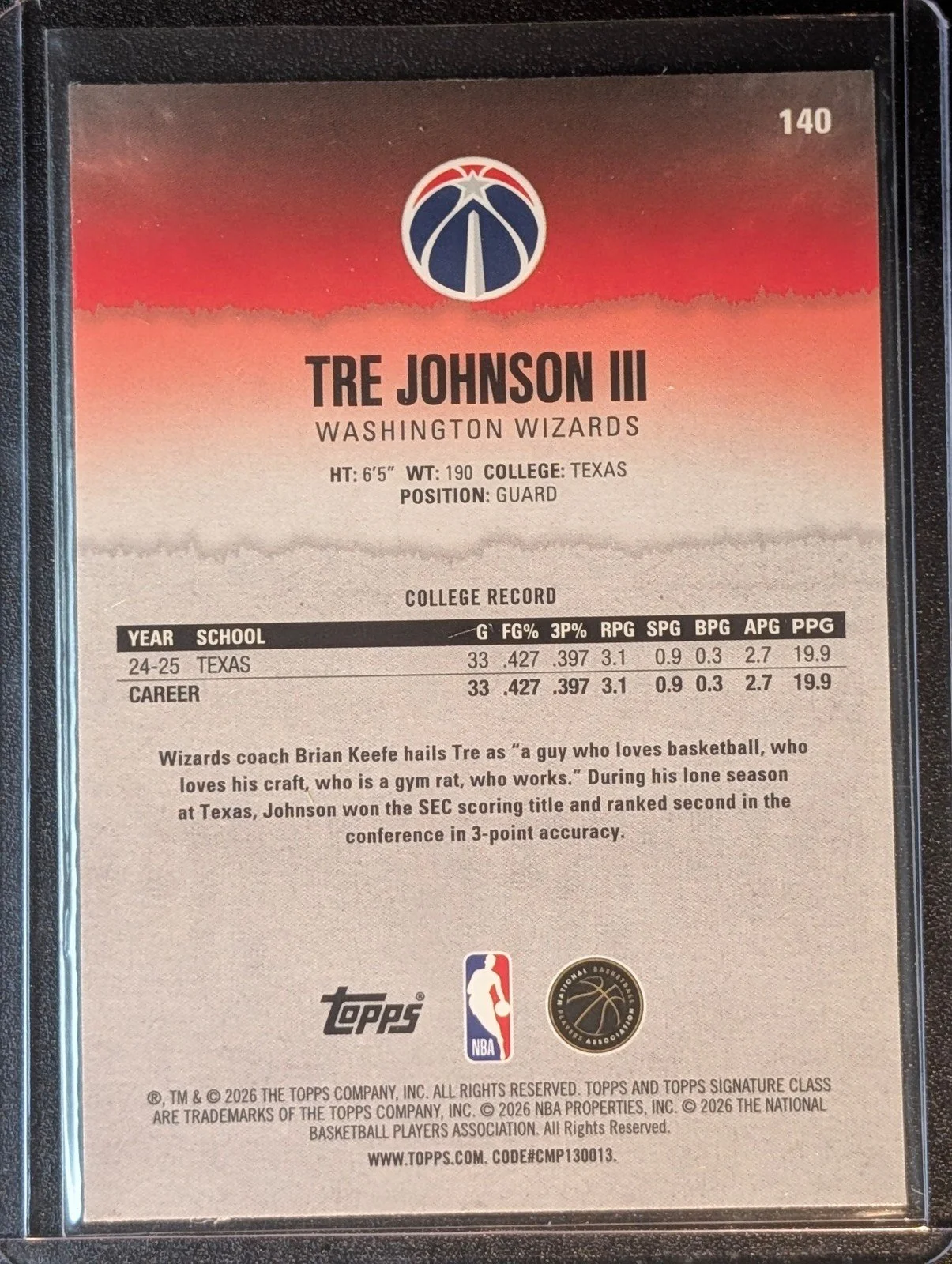 Back of 2025-26 Topps Signature Class #140 Tre Johnson III Chrome