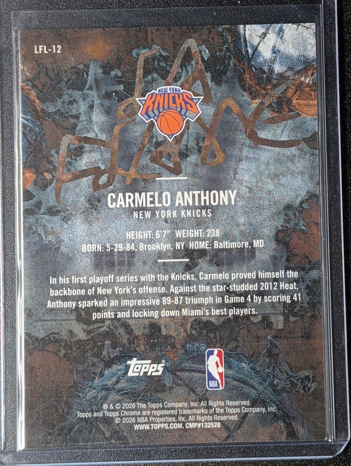 Back of 2025-26 Topps Chrome Cactus Jack #LFL-12 Carmelo Anthony La Flame Legends