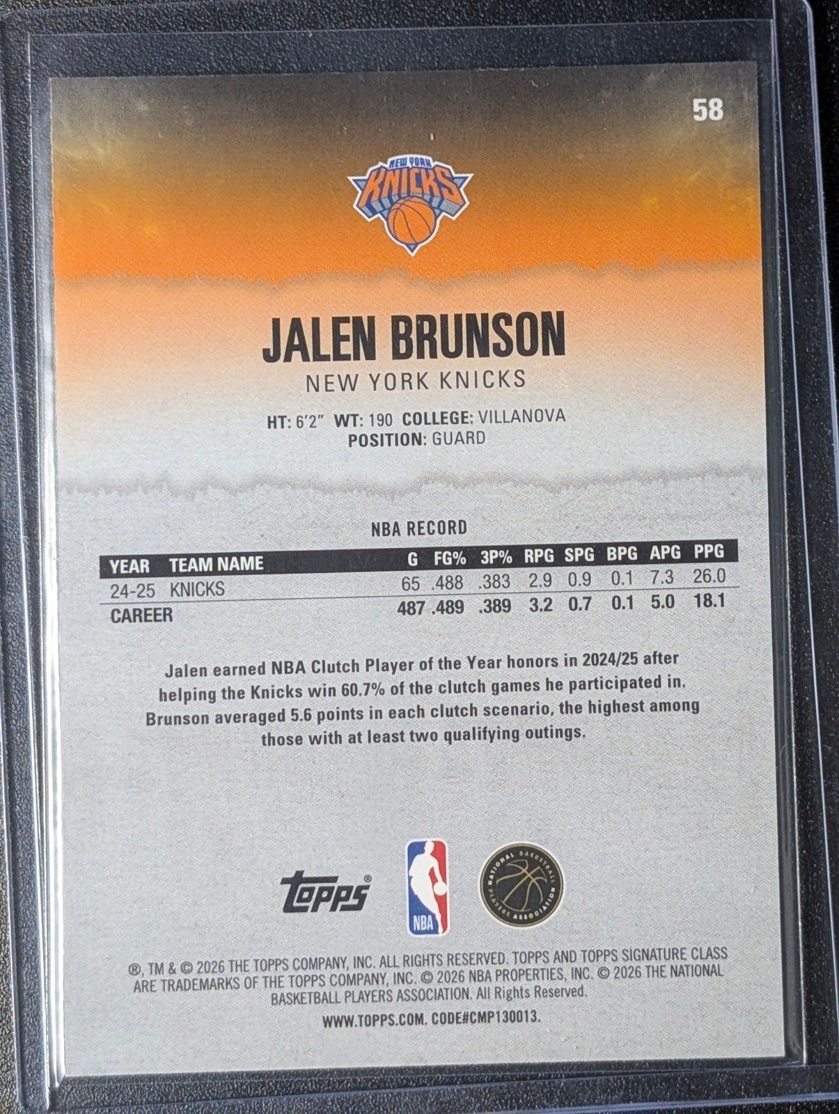 Back of 2025-26 Topps Signature Class #58 Jalen Brunson Chrome