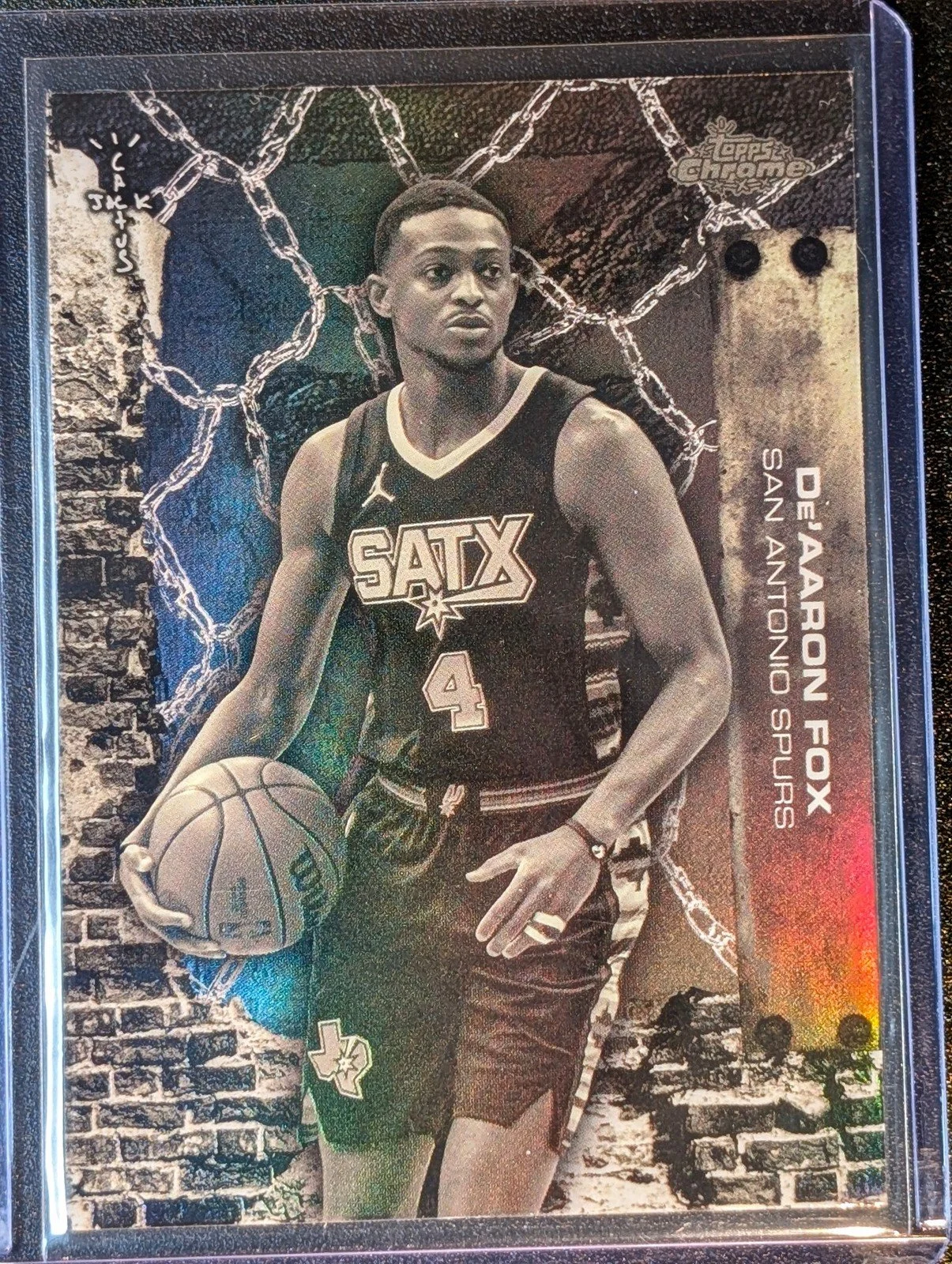 Front of 2025-26 Topps Chrome Cactus Jack #60 De'Aaron Fox White Refractor