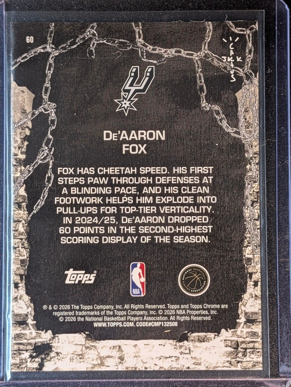 Back of 2025-26 Topps Chrome Cactus Jack #60 De'Aaron Fox White Refractor