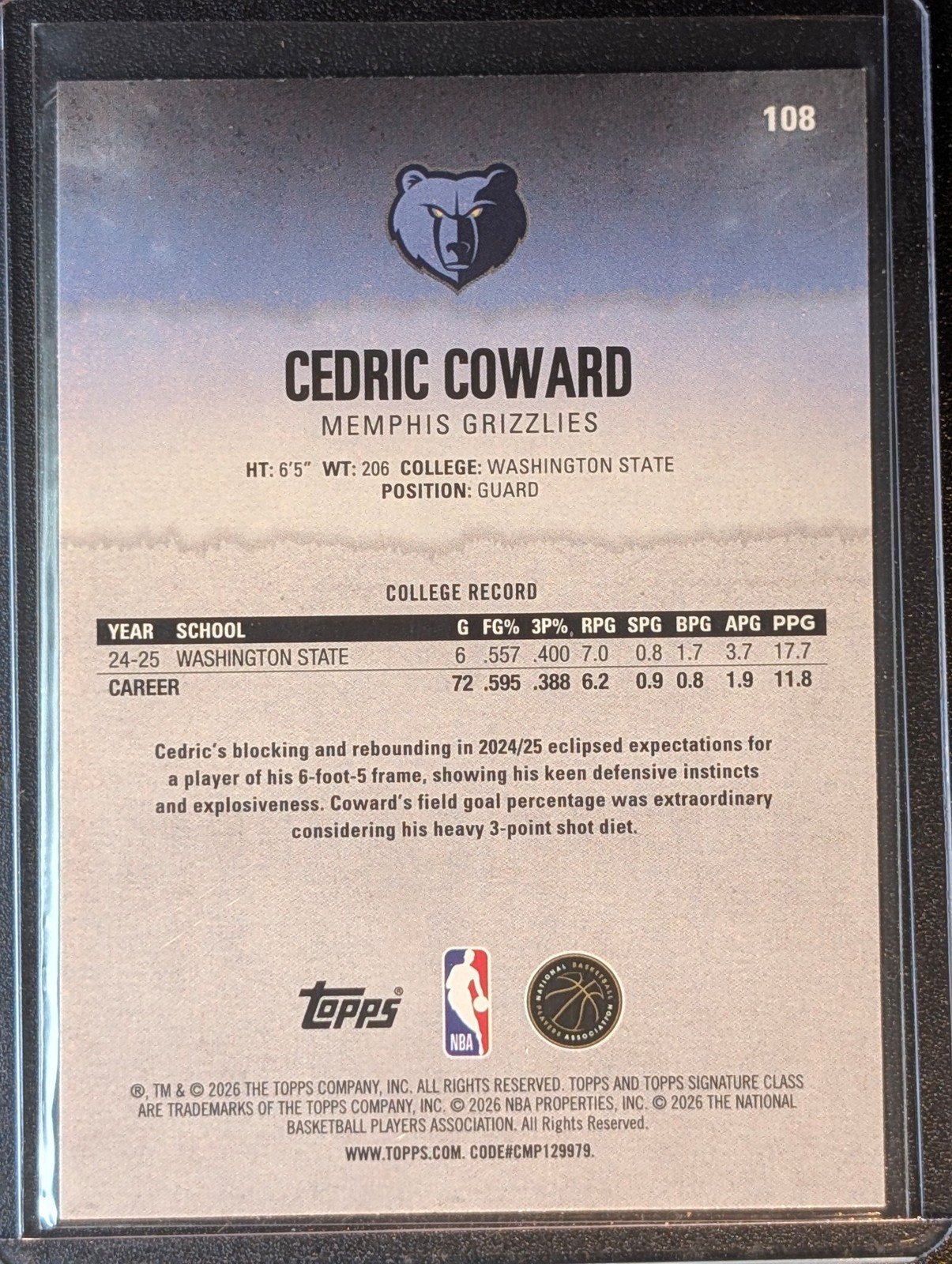 Back of 2025-26 Topps Signature Class #108 Cedric Coward