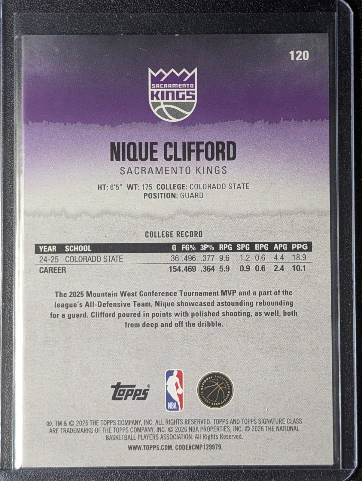 Back of 2025-26 Topps Signature Class #120 Nique Clifford