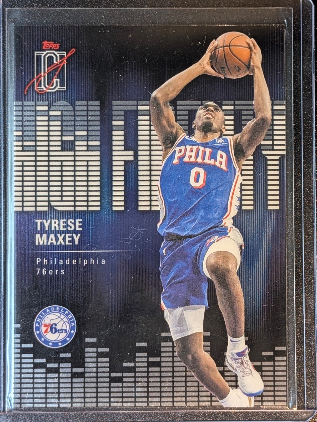 Front of 2025-26 Topps Signature Class #HF-28 Tyrese Maxey High Fidelity