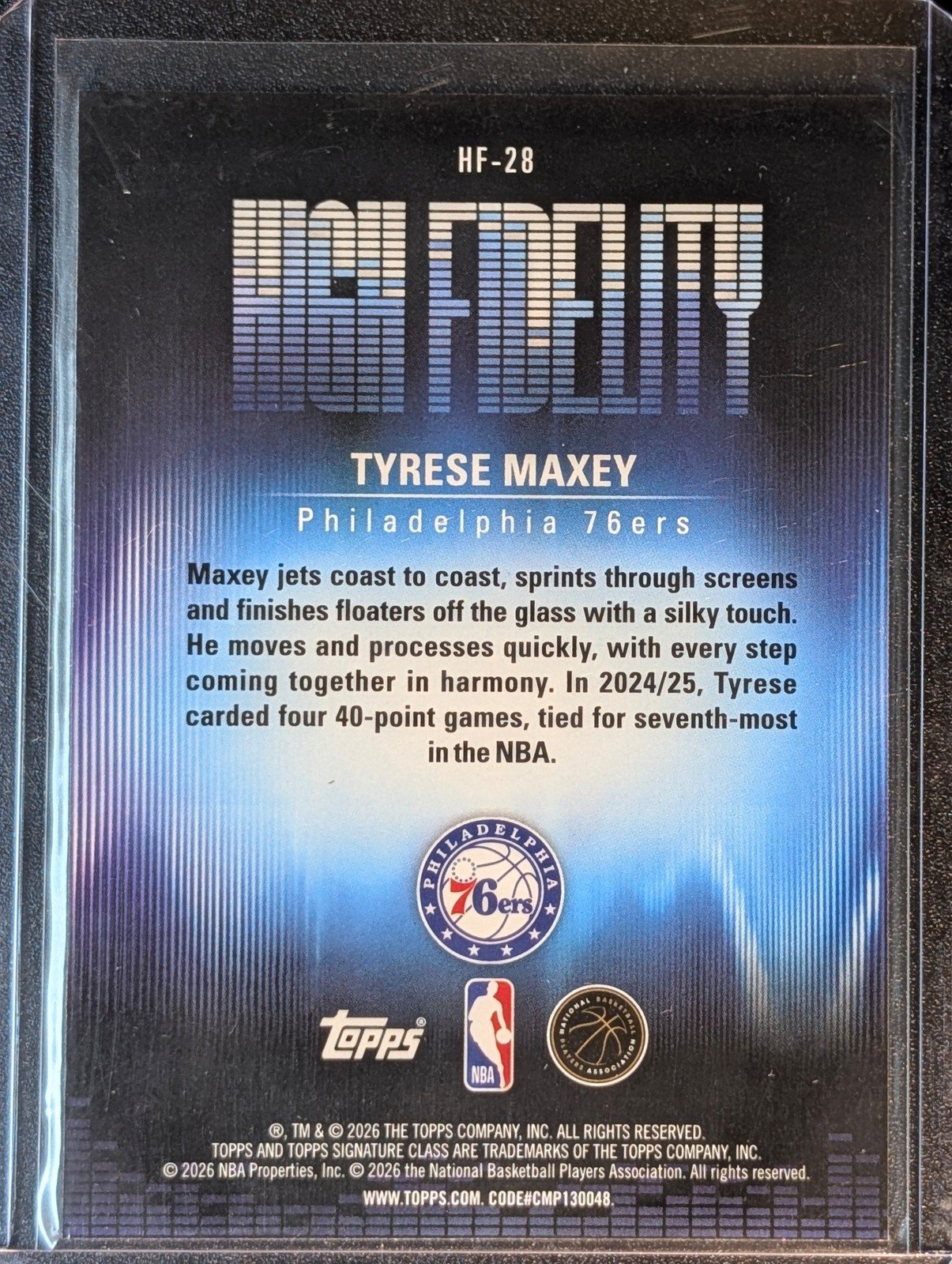 Back of 2025-26 Topps Signature Class #HF-28 Tyrese Maxey High Fidelity