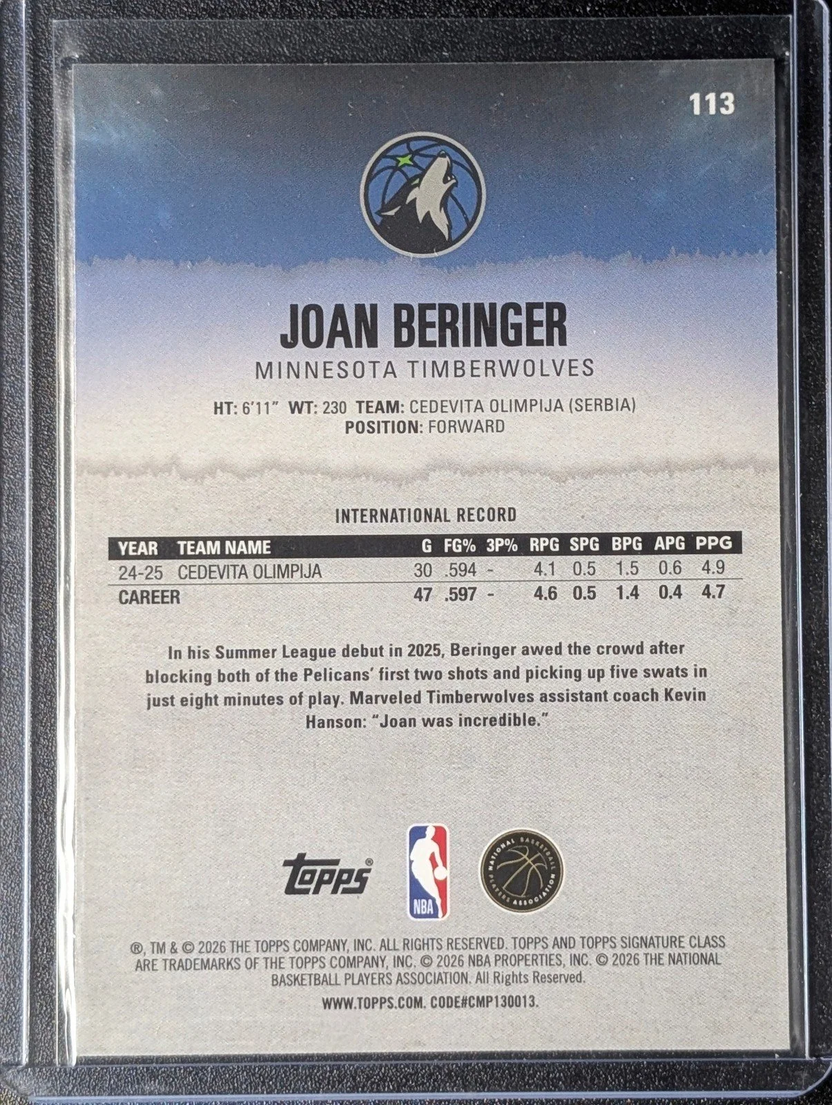 Back of 2025-26 Topps Signature Class #113 Joan Beringer Chrome