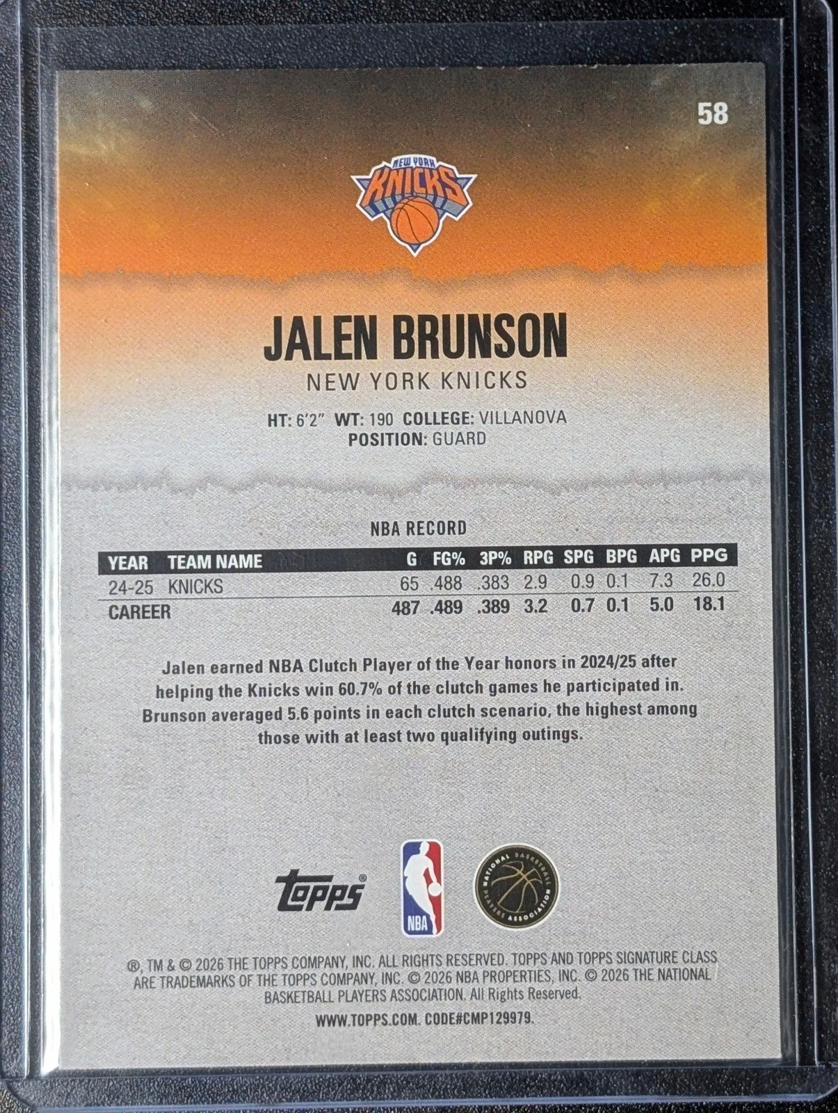 Back of 2025-26 Topps Signature Class #58 Jalen Brunson