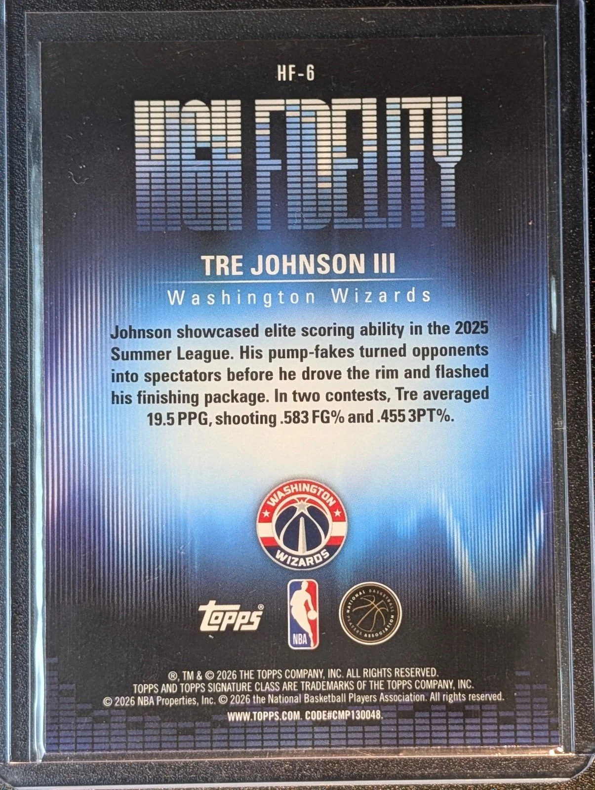 Back of 2025-26 Topps Signature Class #HF-6 Tre Johnson III High Fidelity