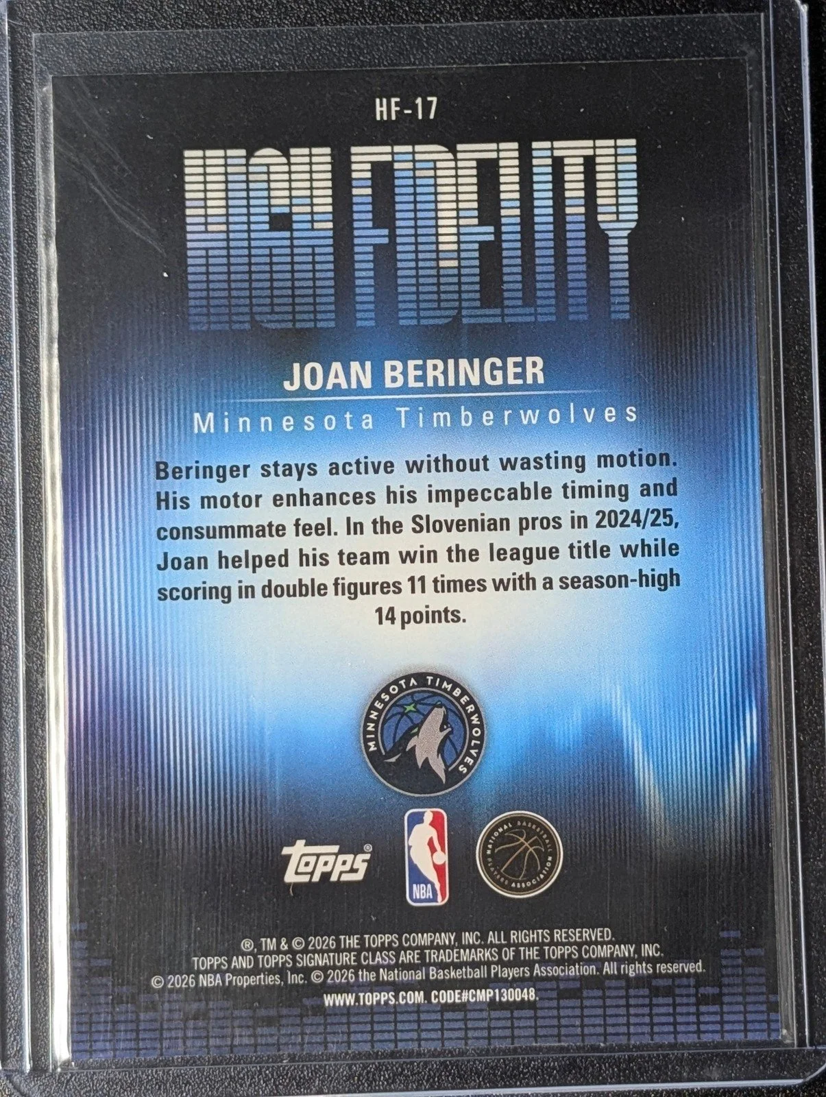 Back of 2025-26 Topps Signature Class #HF-17 Joan Beringer High Fidelity