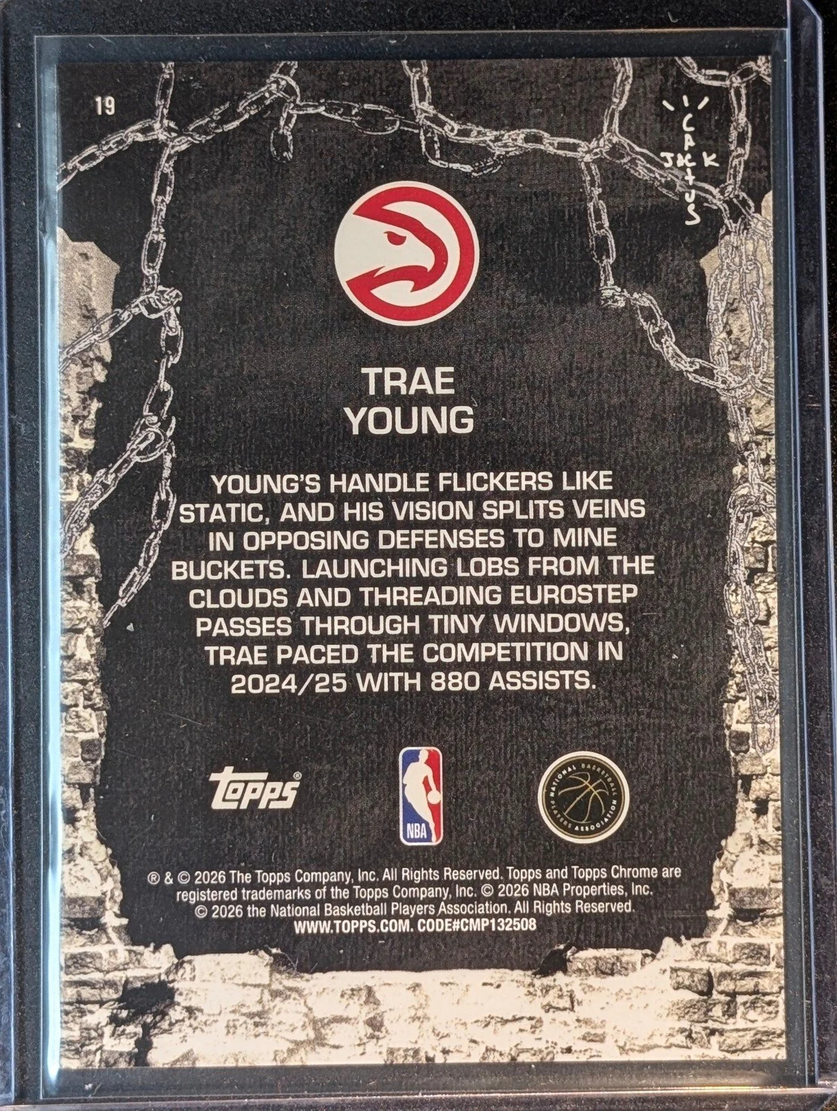 Back of 2025-26 Topps Chrome Cactus Jack #19 Trae Young Teal Speckle Refractor /299