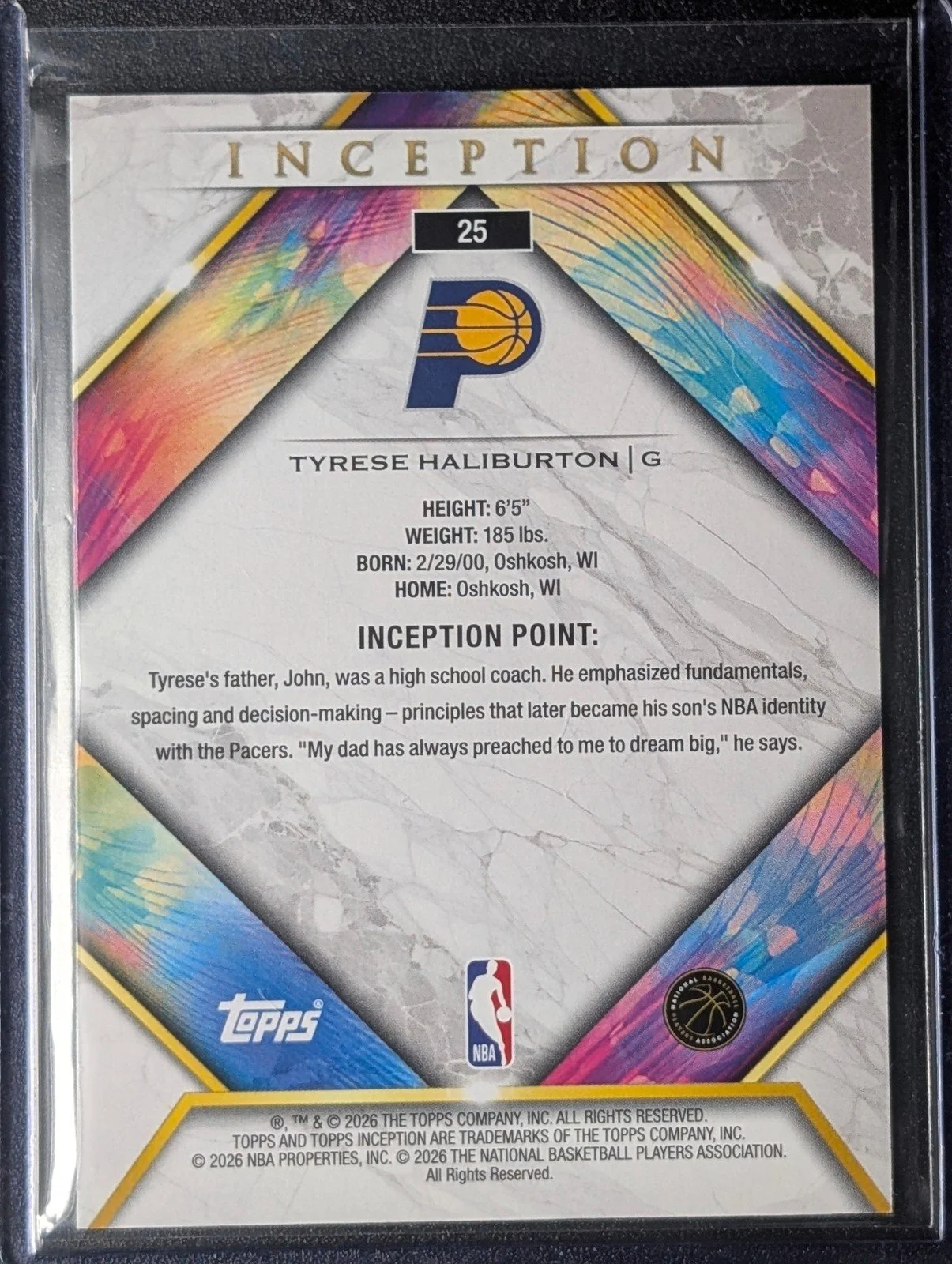 Back of 2025-26 Topps Inception #25 Tyrese Haliburton