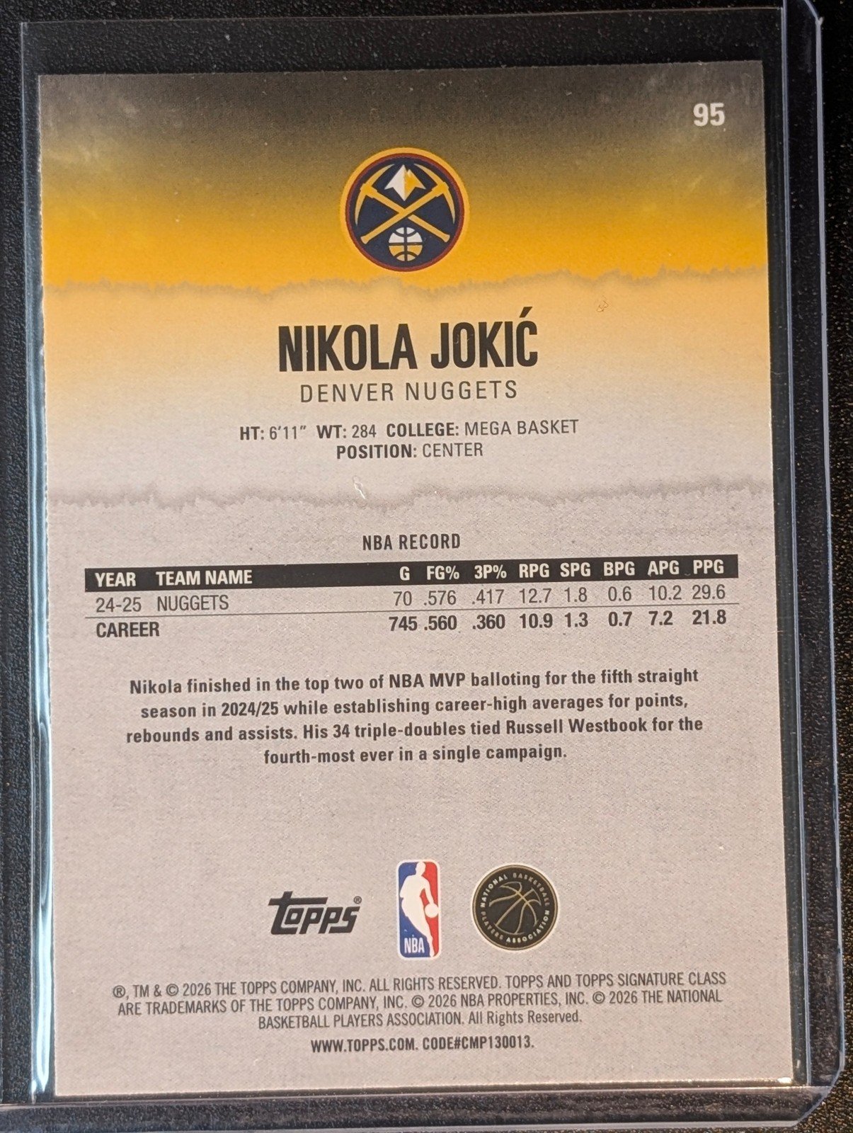 Back of 2025-26 Topps Signature Class #95 Nikola Jokić Teal #/225