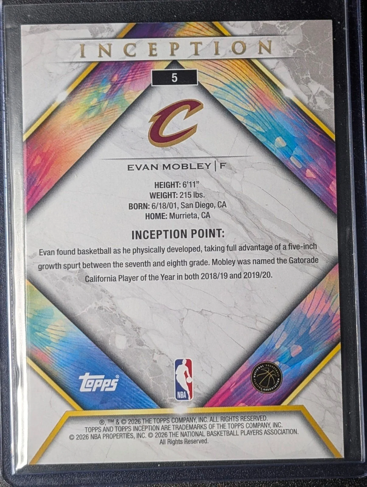 Back of 2025-26 Topps Inception #5 Evan Mobley