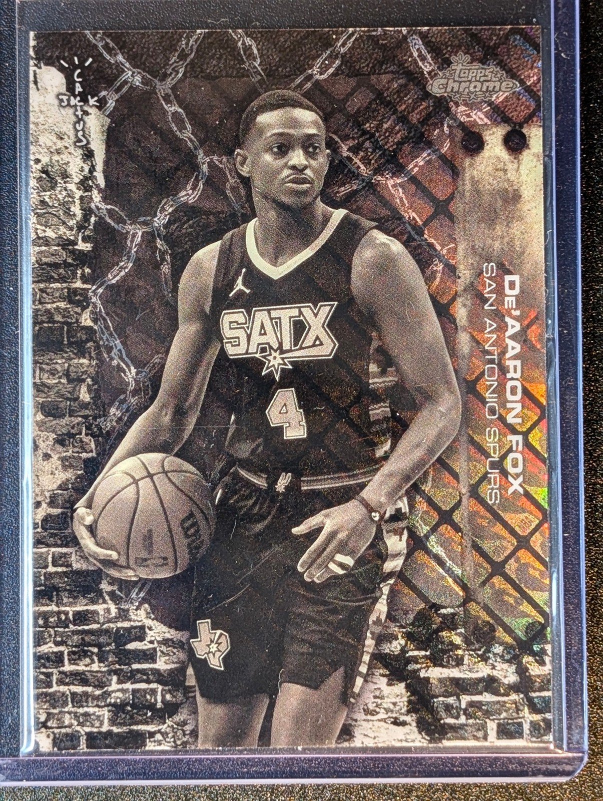 Front of 2025-26 Topps Chrome Cactus Jack #60 De'Aaron Fox LogoFractor