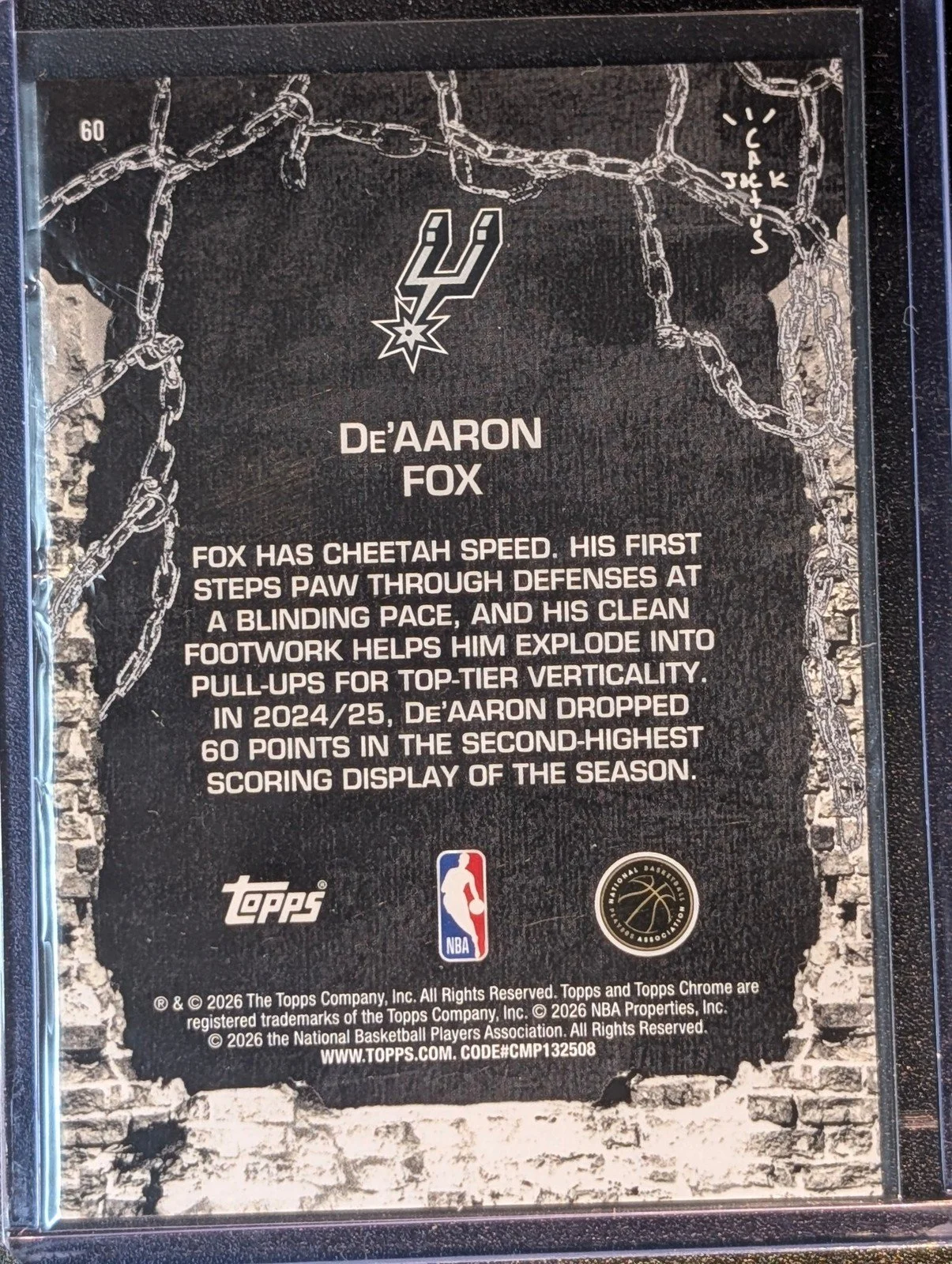 Back of 2025-26 Topps Chrome Cactus Jack #60 De'Aaron Fox LogoFractor