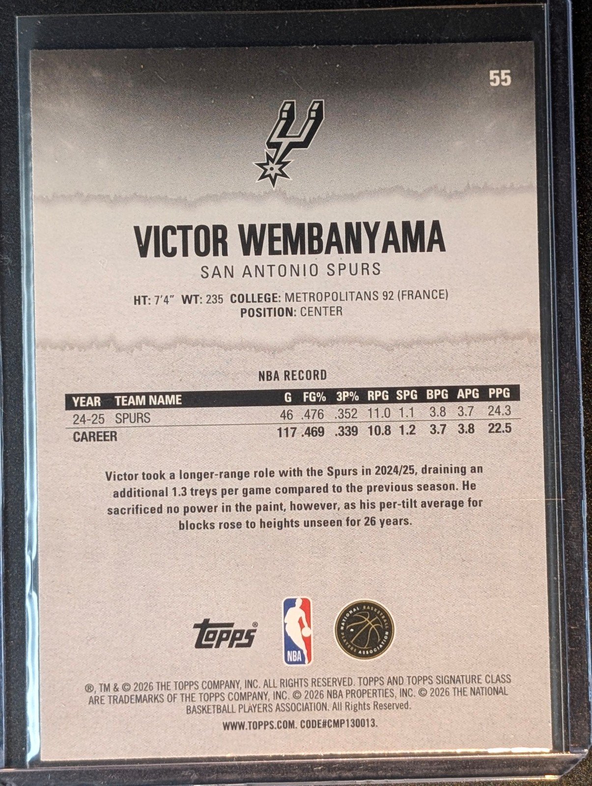 Back of 2025-26 Topps Signature Class /150 #55 Victor Wembanyama Green