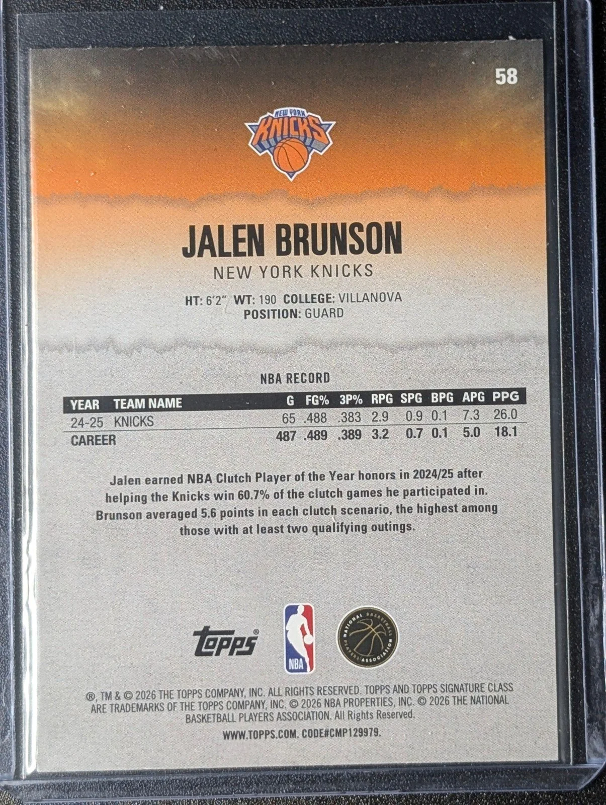 Back of 2025-26 Topps Signature Class /175 #58 Jalen Brunson Lime