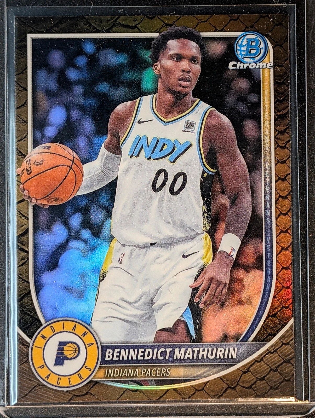 Front of 2025-26 Bowman #BCV-78 Bennedict Mathurin Chrome Reptilian Refractors