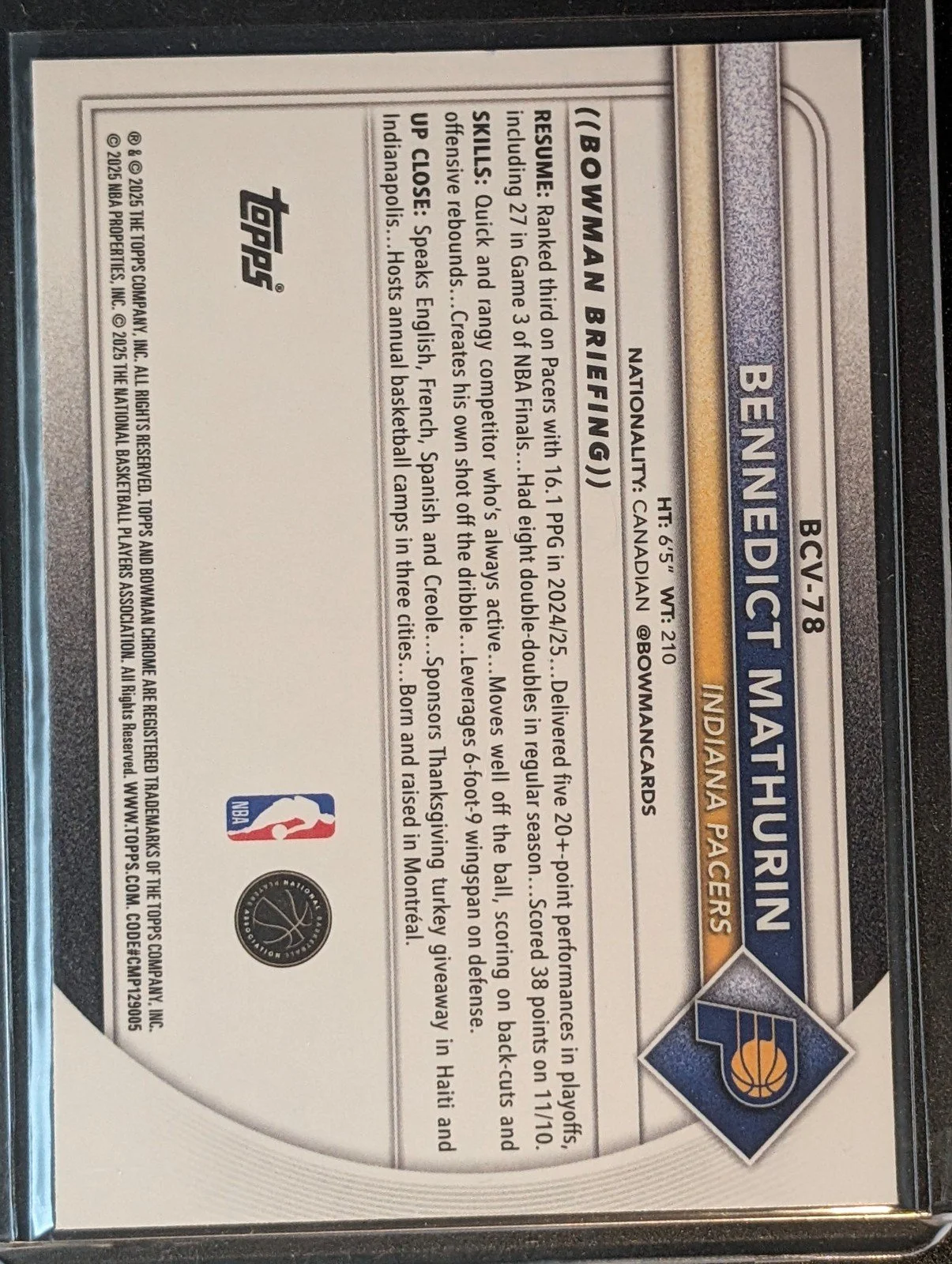 Back of 2025-26 Bowman #BCV-78 Bennedict Mathurin Chrome Reptilian Refractors