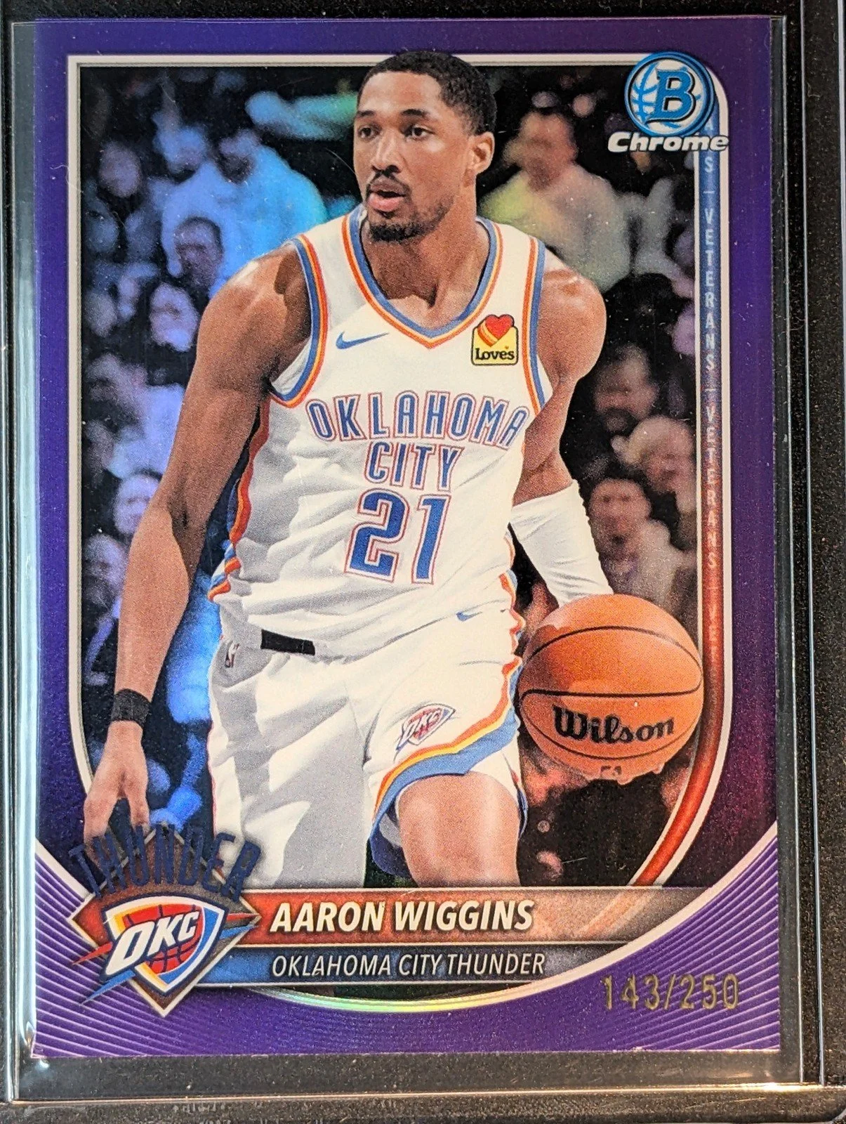 Front of 2025-26 Bowman #BCV-186 Aaron Wiggins Chrome Purple Refractors #/250