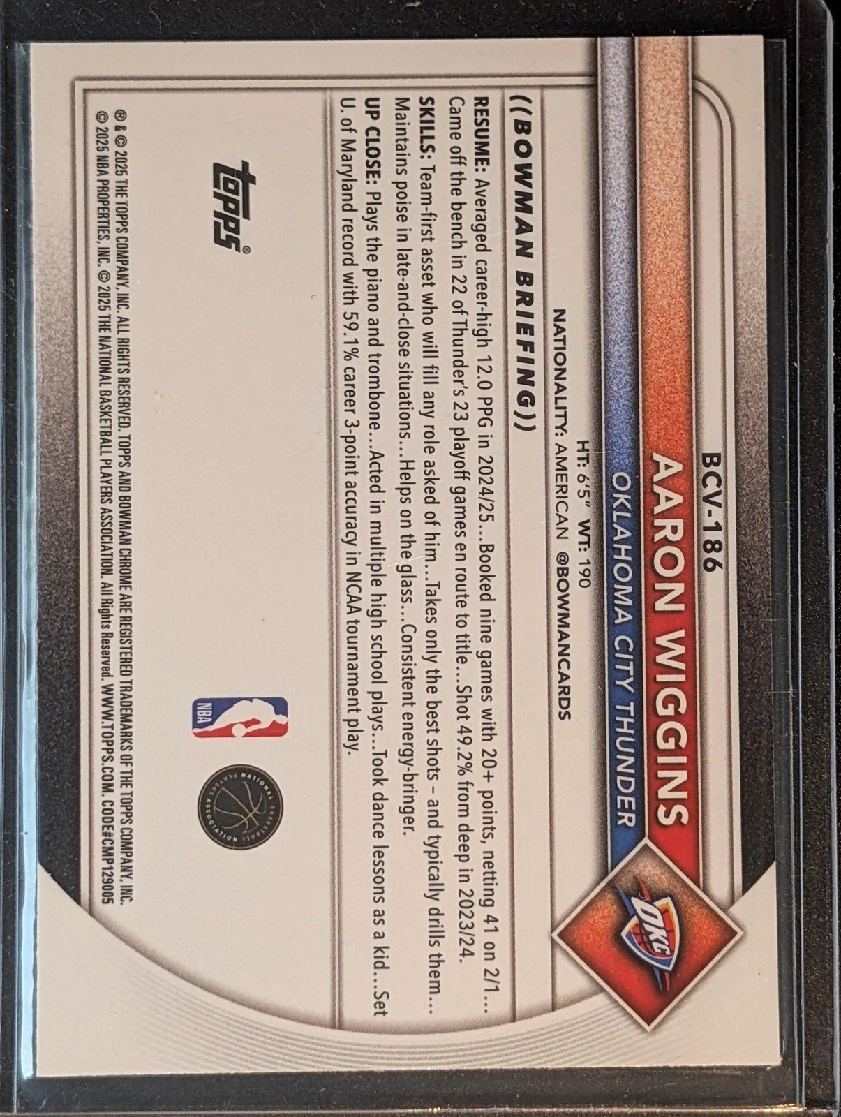 Back of 2025-26 Bowman #BCV-186 Aaron Wiggins Chrome Purple Refractors #/250