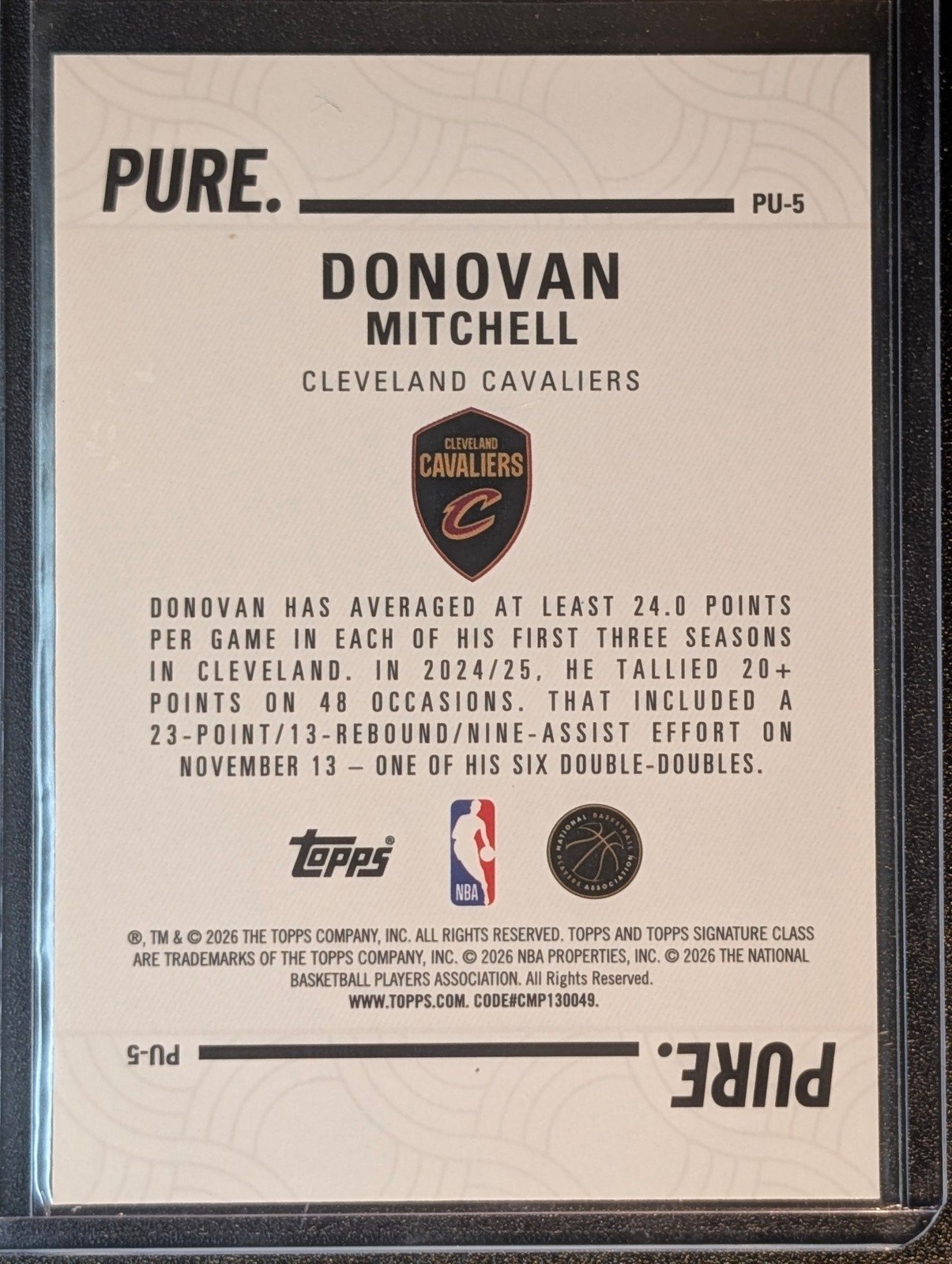 Back of 2025-26 Topps Signature Class #PU-5 Donovan Mitchell Pure