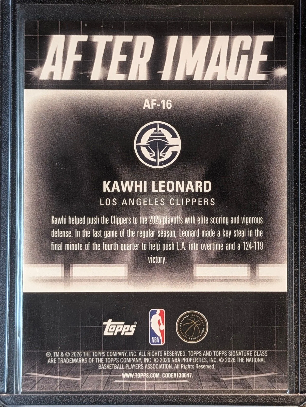 Back of 2025-26 Topps Signature Class #AF-16 Kawhi Leonard After Image