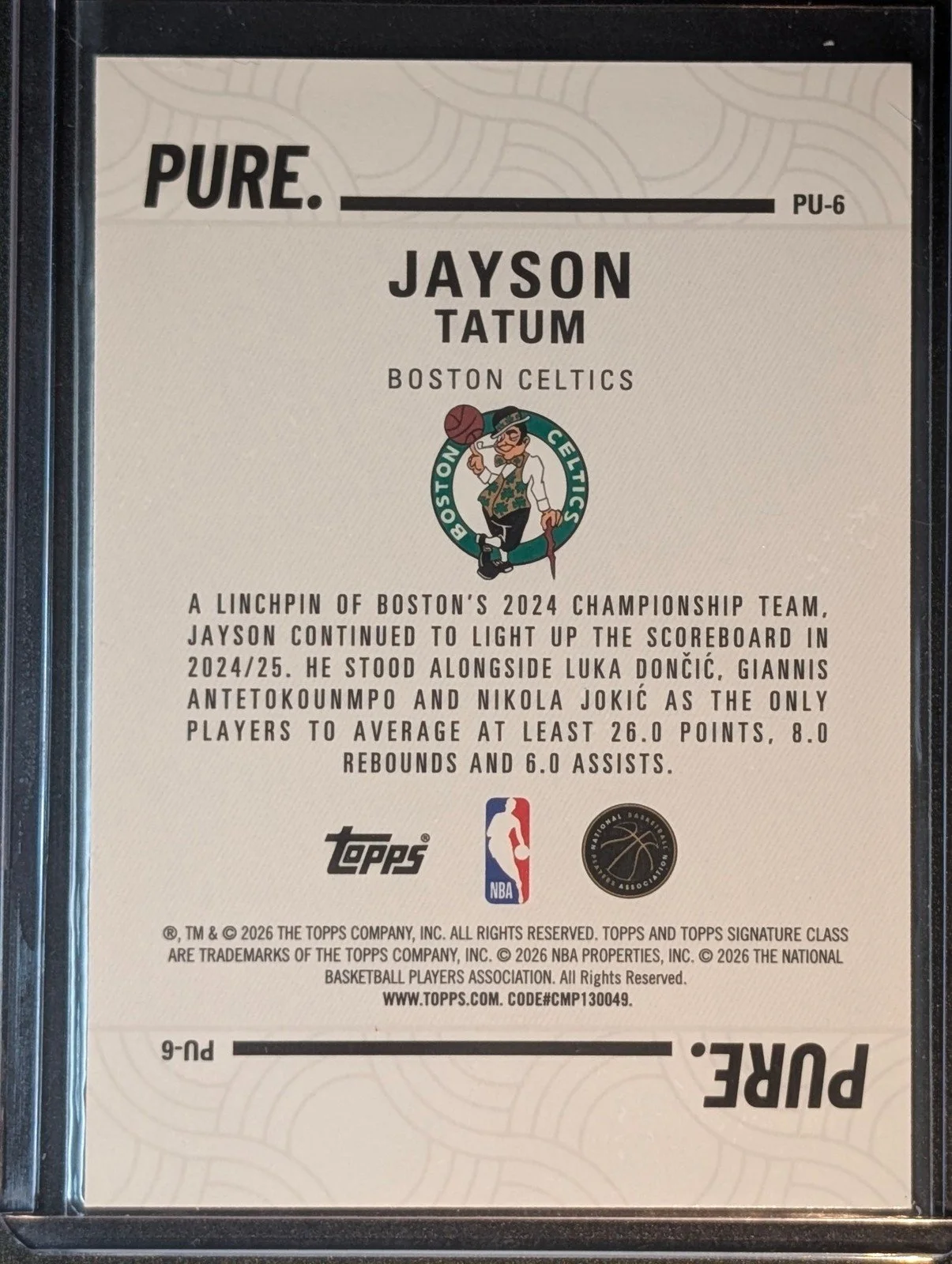 Back of 2025-26 Topps Signature Class #PU-6 Jayson Tatum Pure
