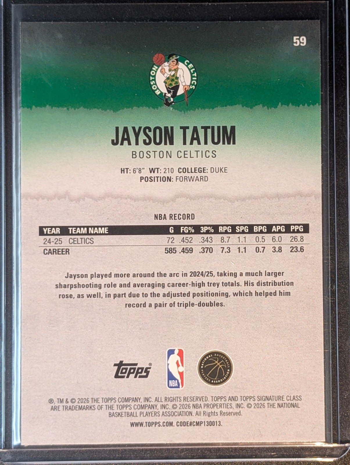 Back of 2025-26 Topps Signature Class #59 Jayson Tatum Chrome