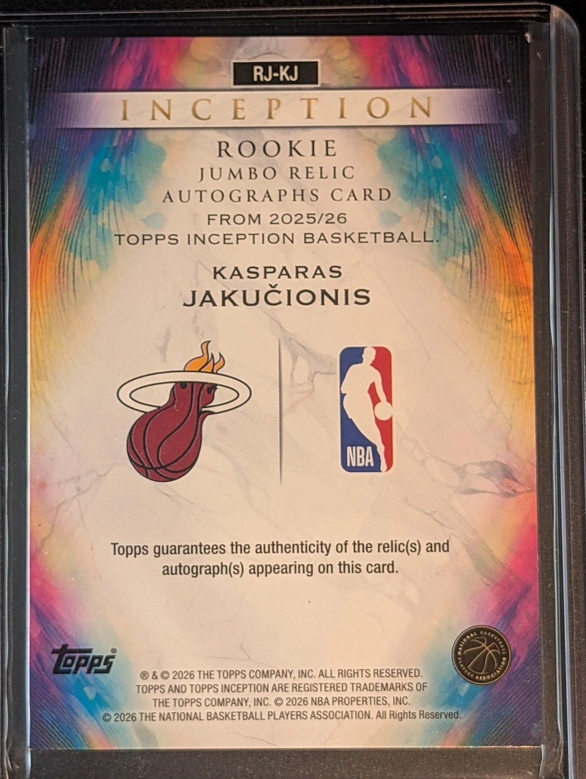 Back of 2025 Topps Inception /50 #RJ-KJ Kasparas Jakučionis Jakucionis Rookie Auto 32/50