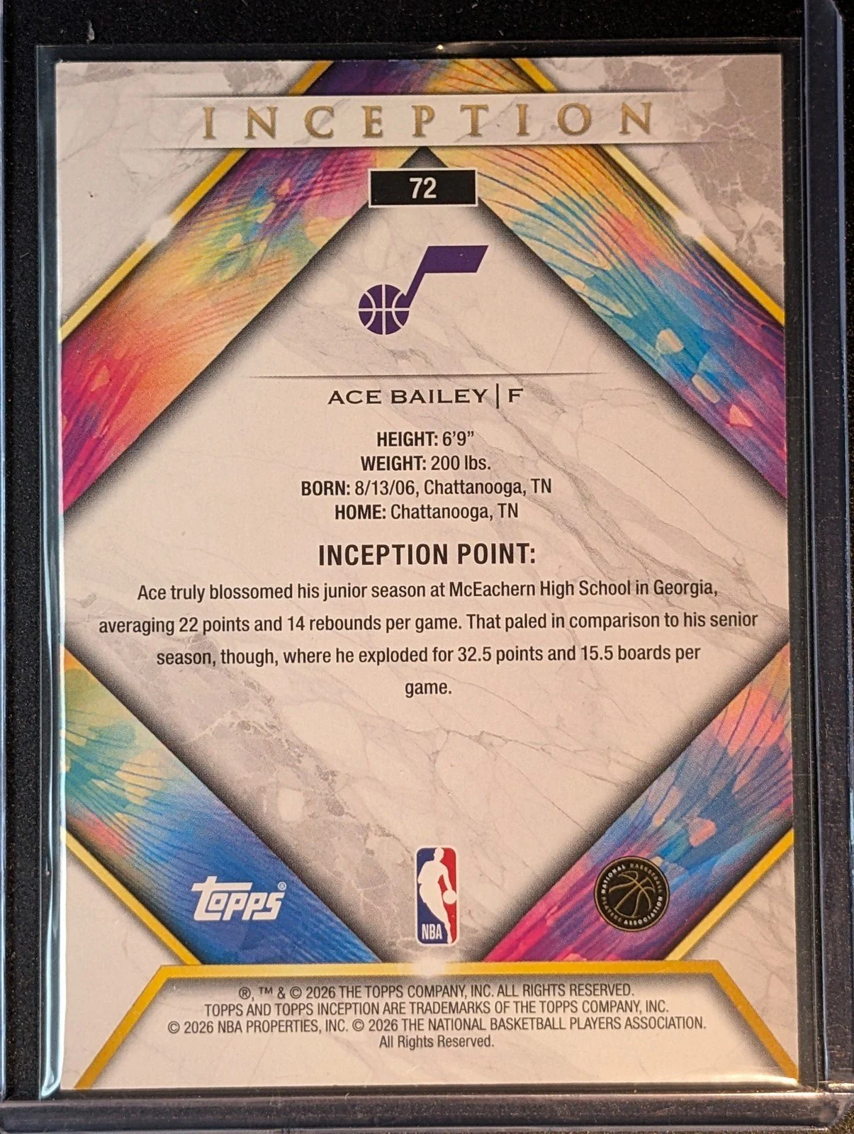 Back of 2025-26 Topps Inception #72 Ace Bailey