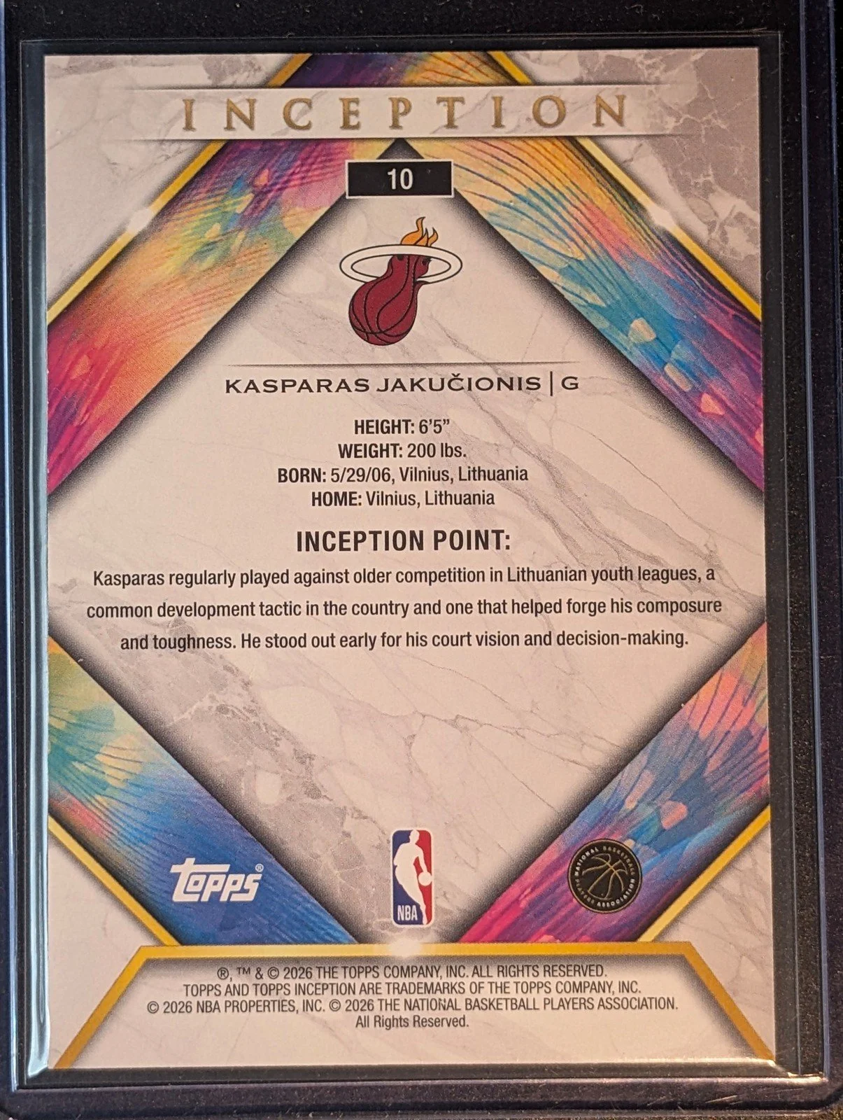 Back of 2025-26 Topps Inception #10 Kasparas Jakučionis jakucionis