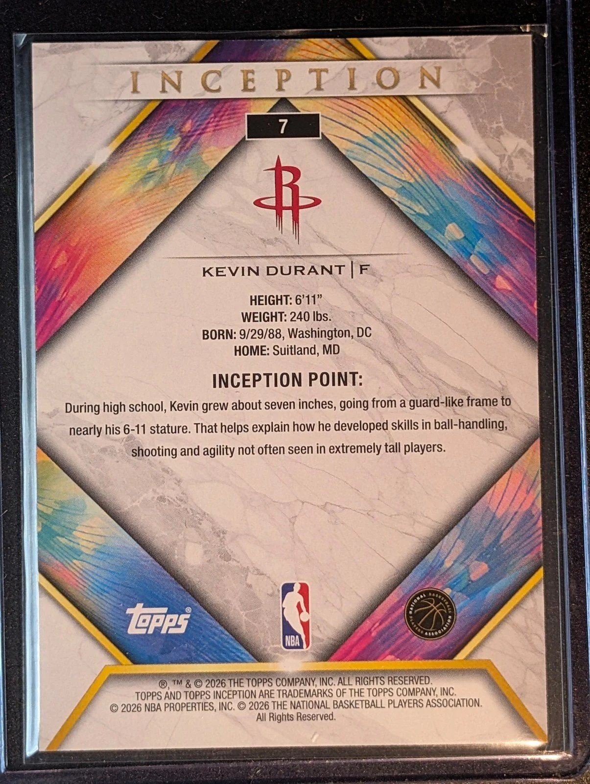 Back of 2025-26 Topps Inception #7 Kevin Durant
