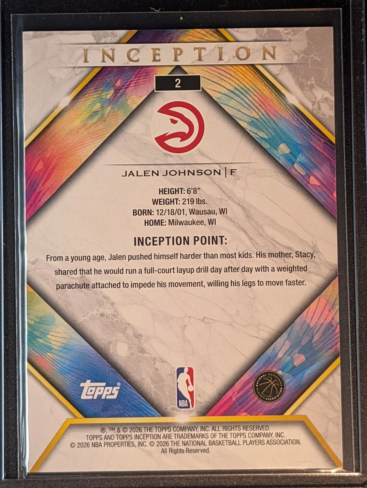 Back of 2025-26 Topps Inception #2 Jalen Johnson